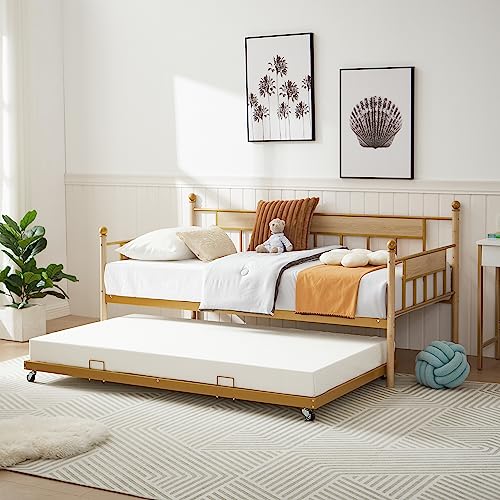 Lostcat Twin Size Daybed with Trundle Bed, Sofa Bed Metal Framed for Kids Teens Adults, Multifunctional Daybed with Pullout Trundle for Window Living Room, No Box Spring Needed, Space Saving, Golden