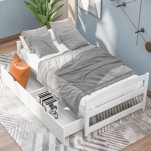 Lostcat Twin Bed with Storage,Twin Size Daybed with 2 Drawers,Wood Storage Bed Frame, Twin Size Platform Bed Frame with Storage,Solid Pinewood Bedframe with Drawers,No Box Spring Needed,White