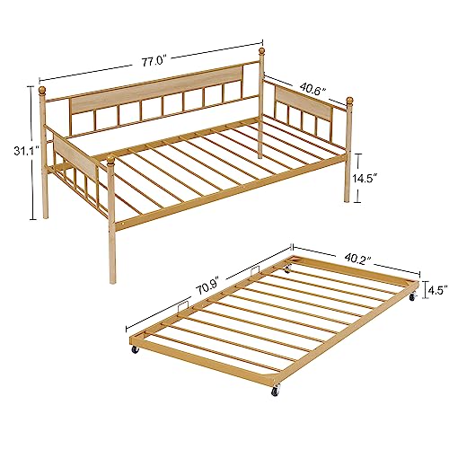 Lostcat Twin Size Daybed with Trundle Bed, Sofa Bed Metal Framed for Kids Teens Adults, Multifunctional Daybed with Pullout Trundle for Window Living Room, No Box Spring Needed, Space Saving, Golden