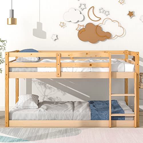 Lostcat Twin Over Twin Bunk Bed, Pine Wood Bunk Bed Frame, Twin Bunk Bed Frame with Ladder and Full-Length Guardrail, Easy Assembly Pine Wood Bunk Bed Frame for Children, Teens and Adults, Natural