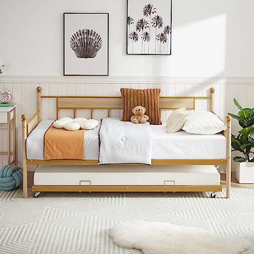 Lostcat Twin Size Daybed with Trundle Bed, Sofa Bed Metal Framed for Kids Teens Adults, Multifunctional Daybed with Pullout Trundle for Window Living Room, No Box Spring Needed, Space Saving, Golden