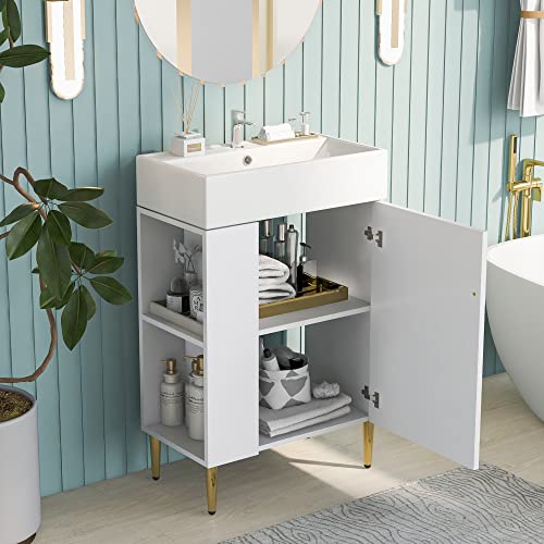 Lostcat Bathroom Vanity with Sink,Open Storage on Left Side and Ceramic Sink,Combo Cabinet,Easy Assembly and Clean,for Small Spaces(34inch Hight)