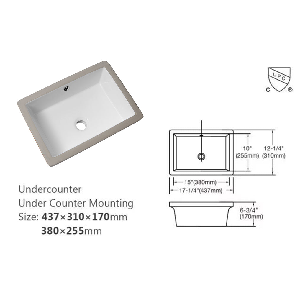 Lostcat 18"x12" White Ceramic Rectangular Undermount Bathroom Sink with Overflow