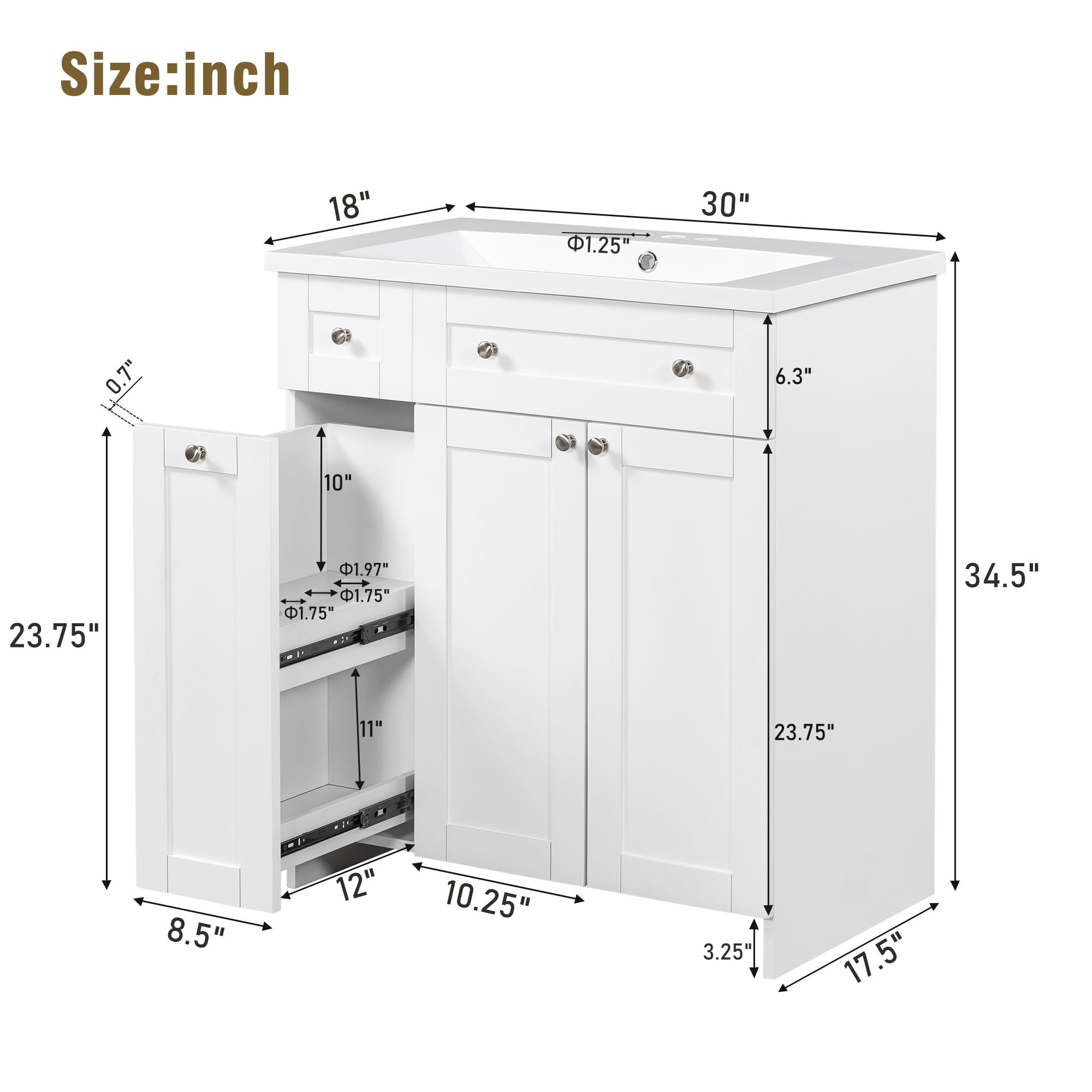 Lostcat 30inch Bathroom Vanity with Single Sink,Freestanding Bathroom Vanity,Combo Cabinet Undermount Sink,with 2 Doors and High Drawer for Bathroom No Mirror,Easy Assembly(White)