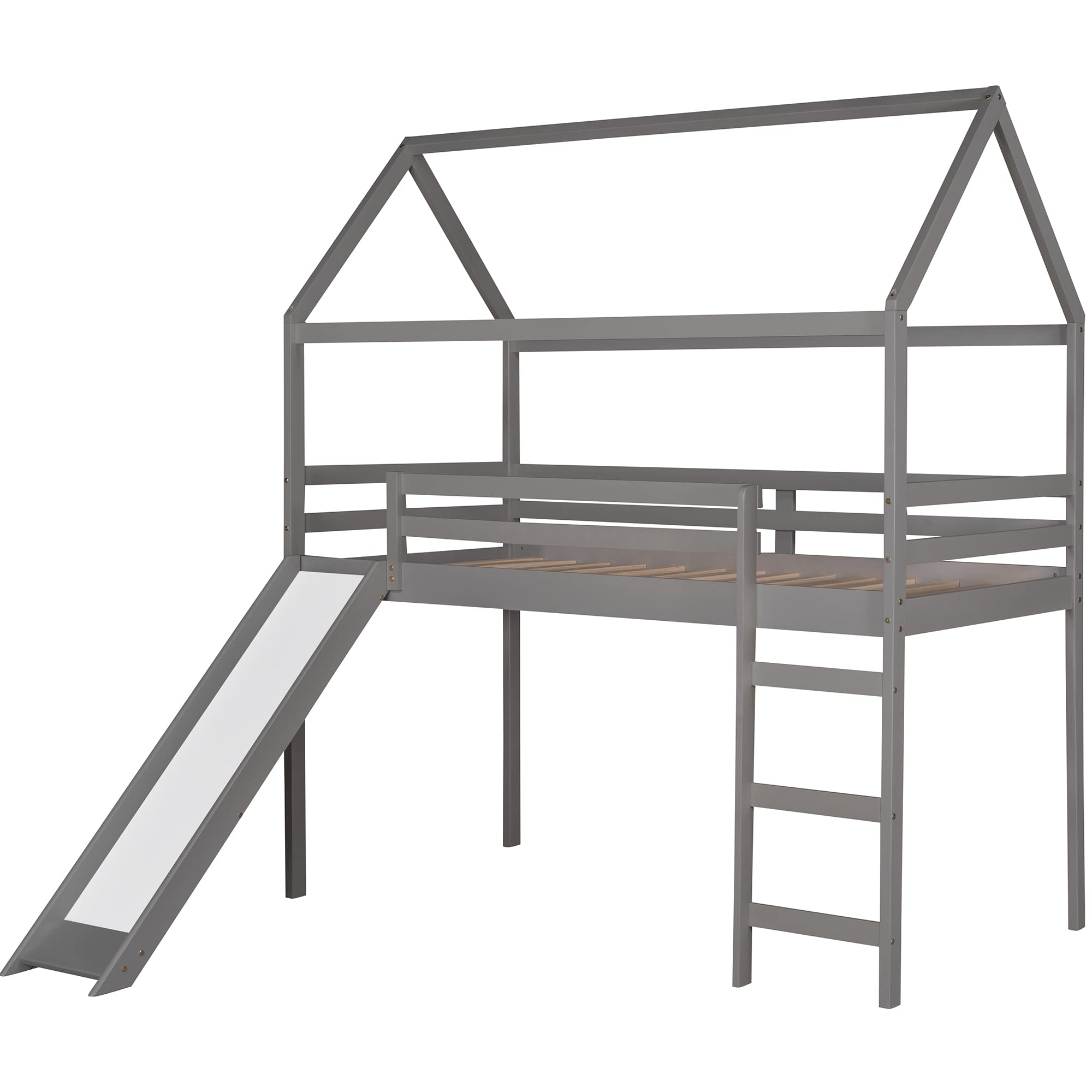 Lostcat Twin Size Loft Bed with Slide, House Shaped Solid Pine Wood Bed Frame w/Safety Guardrail & Ladder, No Box Spring Needed, Save Space Design for Kids, Teens, Girls, Boys, Grey