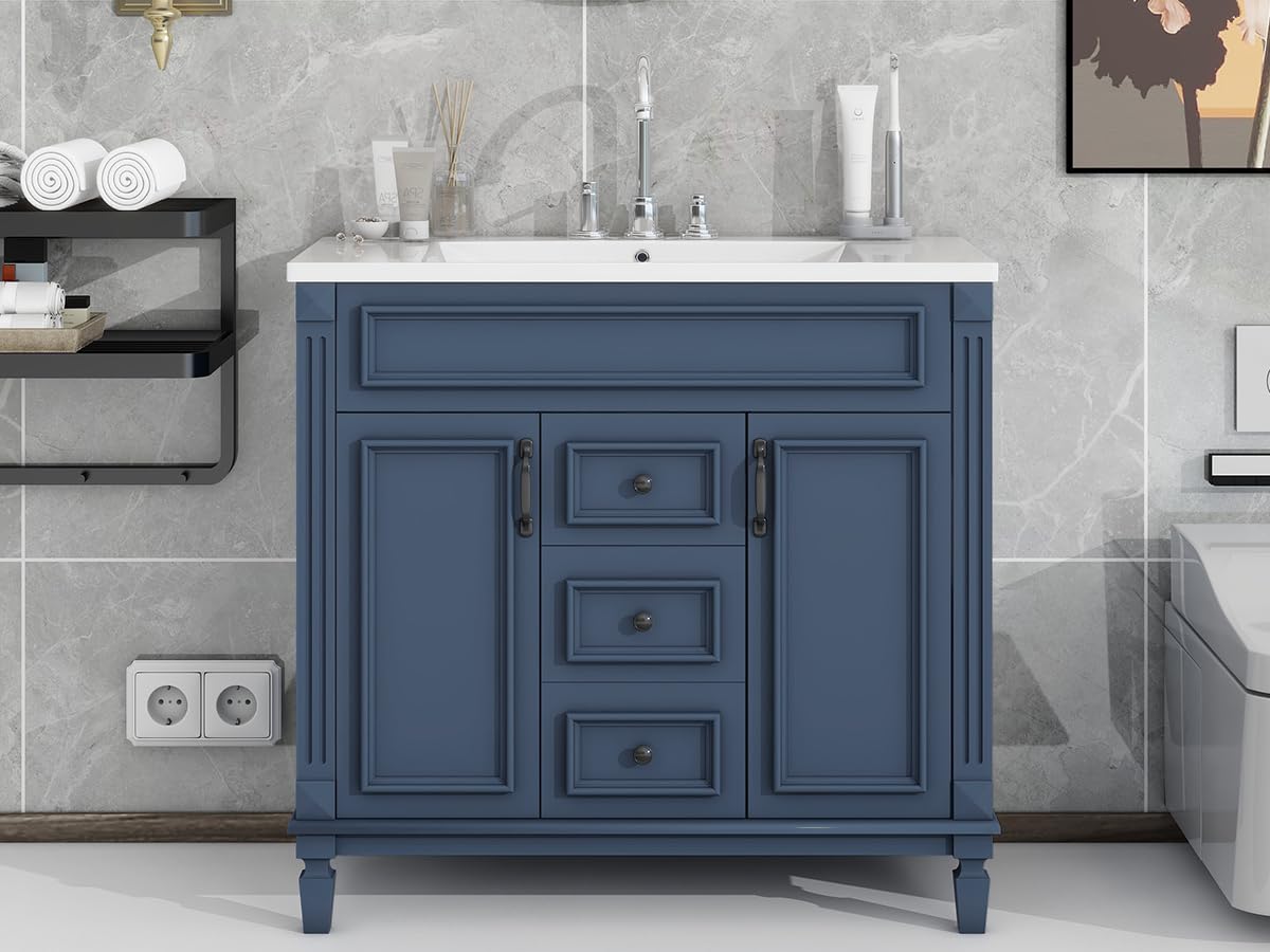 Lostcat 36inch Bathroom Vanity with Top Sink - Modern Bathroom Storage Cabinet with 2 Soft Closing Doors and 2 Drawers - Single Sink Bathroom Vanity（Blue）