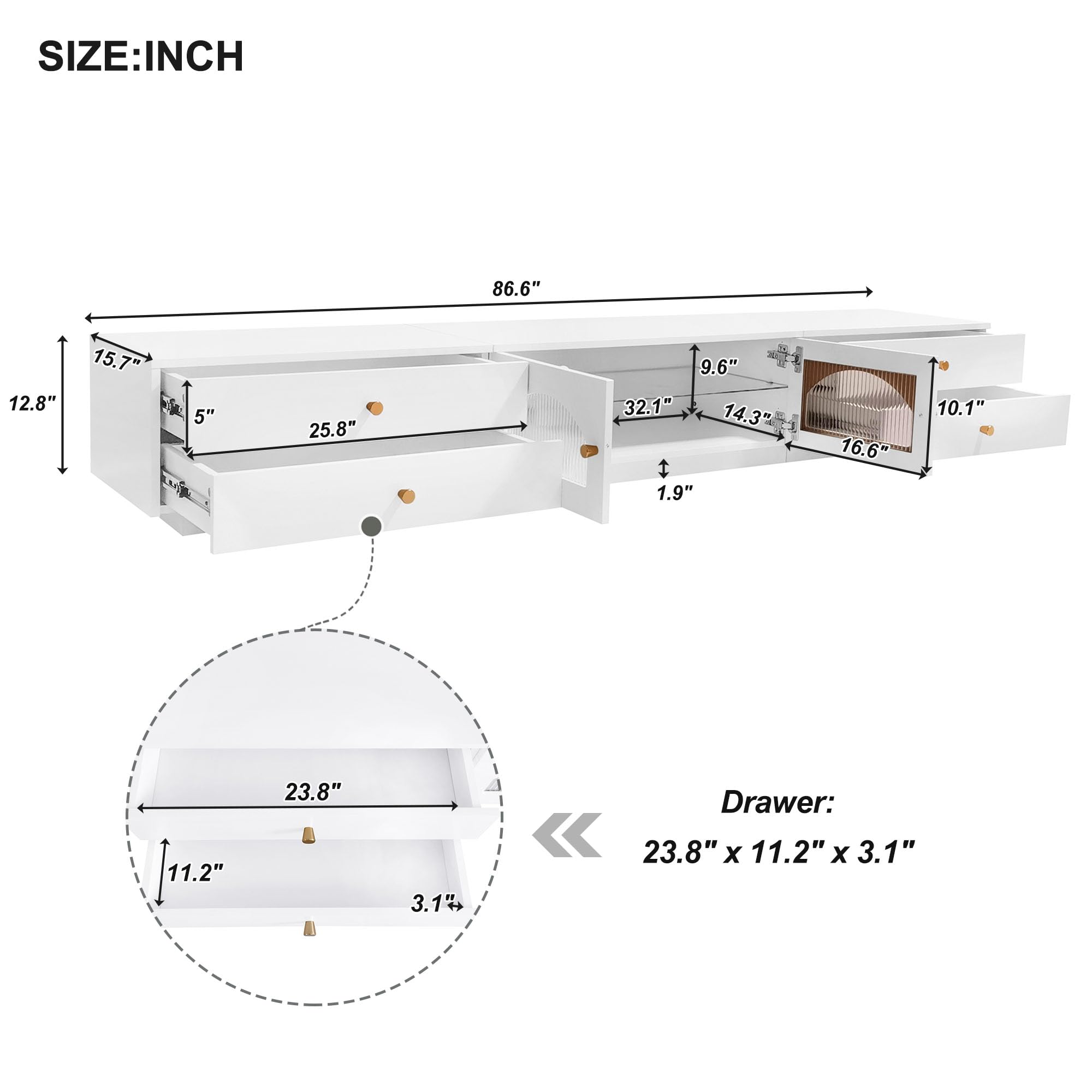 Lostcat TV Stand with Drawers, 86 Inch Entertainment Center with Fluted Glass Doors for TVs Up to 90'', TV Console with Ample Storage Space for Living Room, White