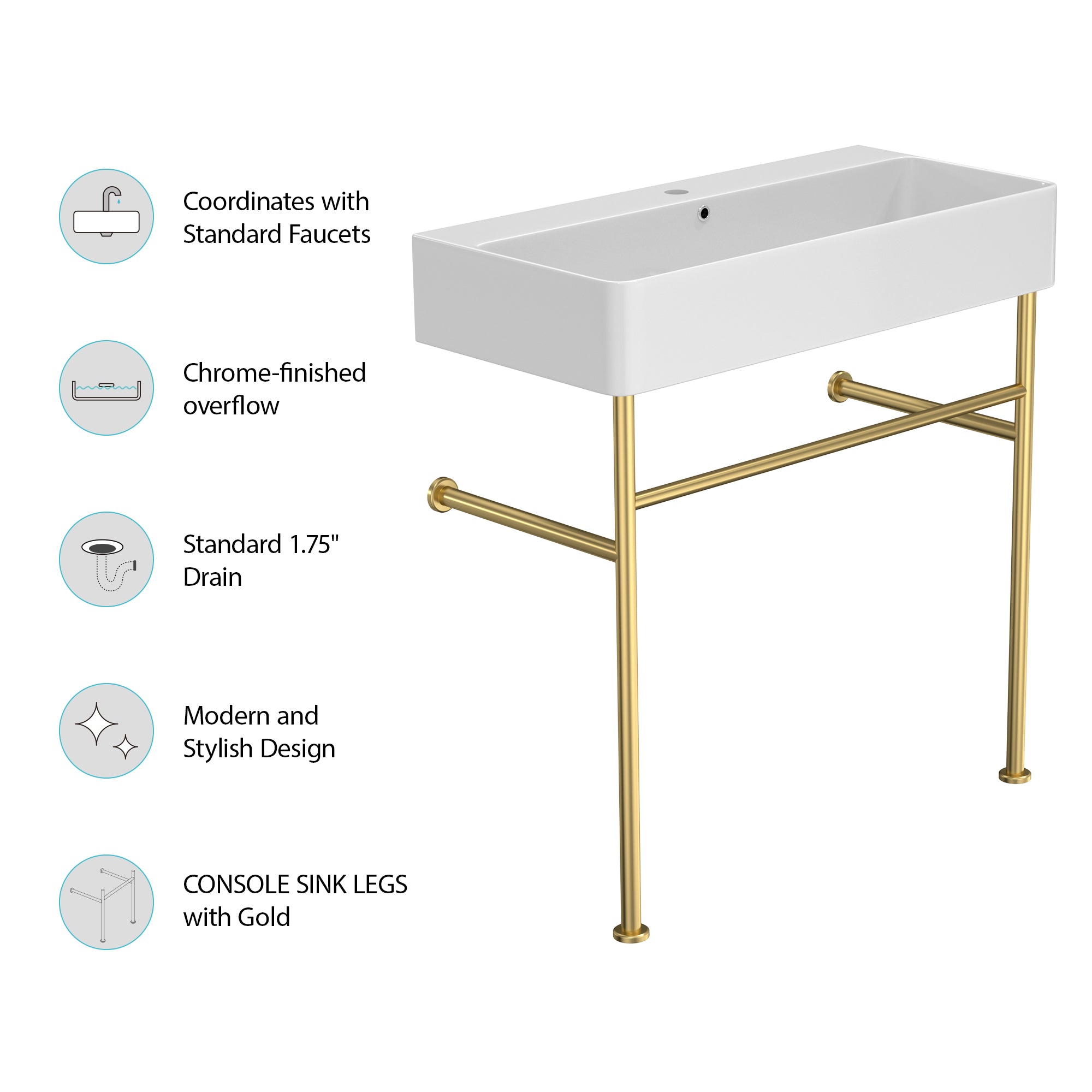 Lostcat 35" Bathroom Console Sink with Overflow,Ceramic Console Sink White Basin Gold Legs