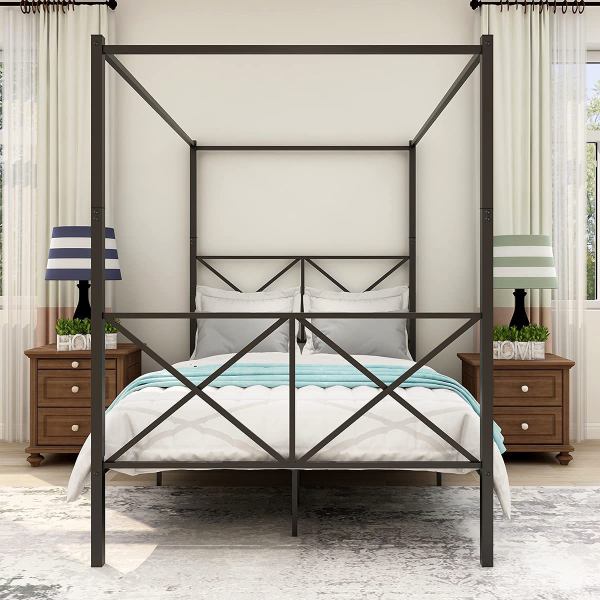 Lostcat Canopy Bed Frame Full Size, Metal Platform Bed Frame with X Shaped Headboard and Footboard,Detachable Canopy Bed, No Box Spring Needed/Easy Assembly, Black