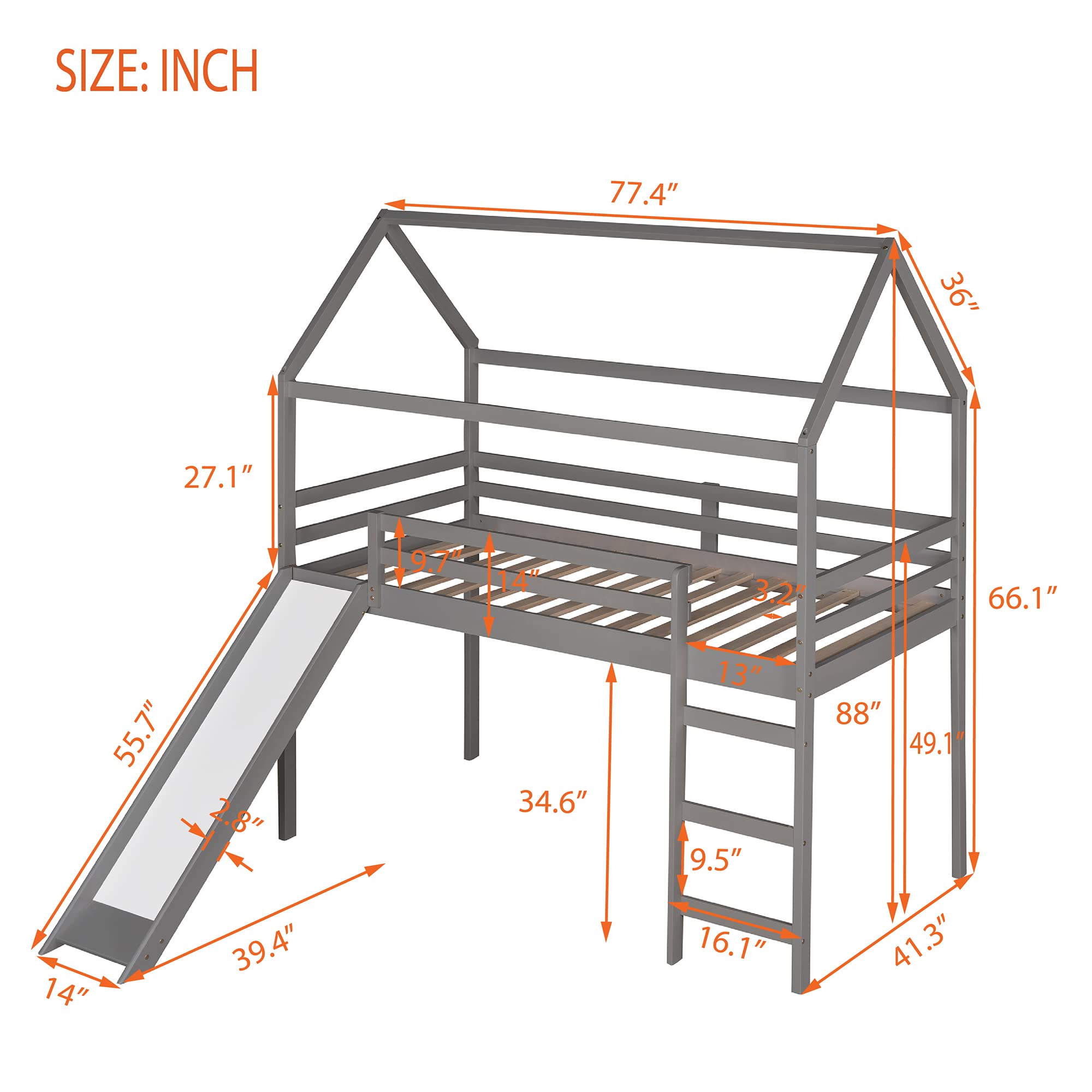 Lostcat Twin Size Loft Bed with Slide, House Shaped Solid Pine Wood Bed Frame w/Safety Guardrail & Ladder, No Box Spring Needed, Save Space Design for Kids, Teens, Girls, Boys, Grey