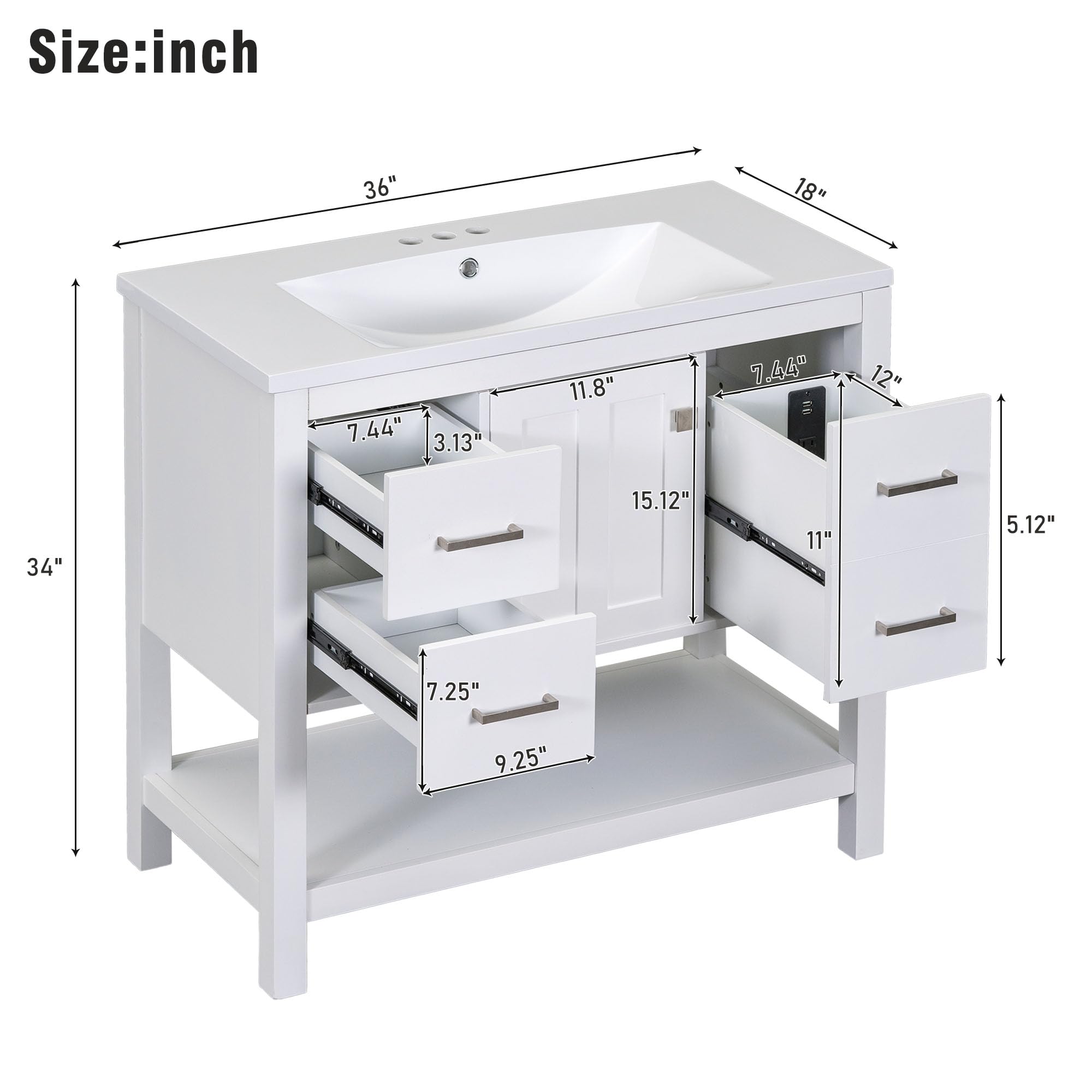 Lostcta 36inch Modern Bathroom Vanity with USB,FreeStanding Single Resin Basin Vanity Set,Two Shallow Drawers, One Deep Drawer, One Door,Easy Assmebly,Small Bathroom Organization Cabinet(White)