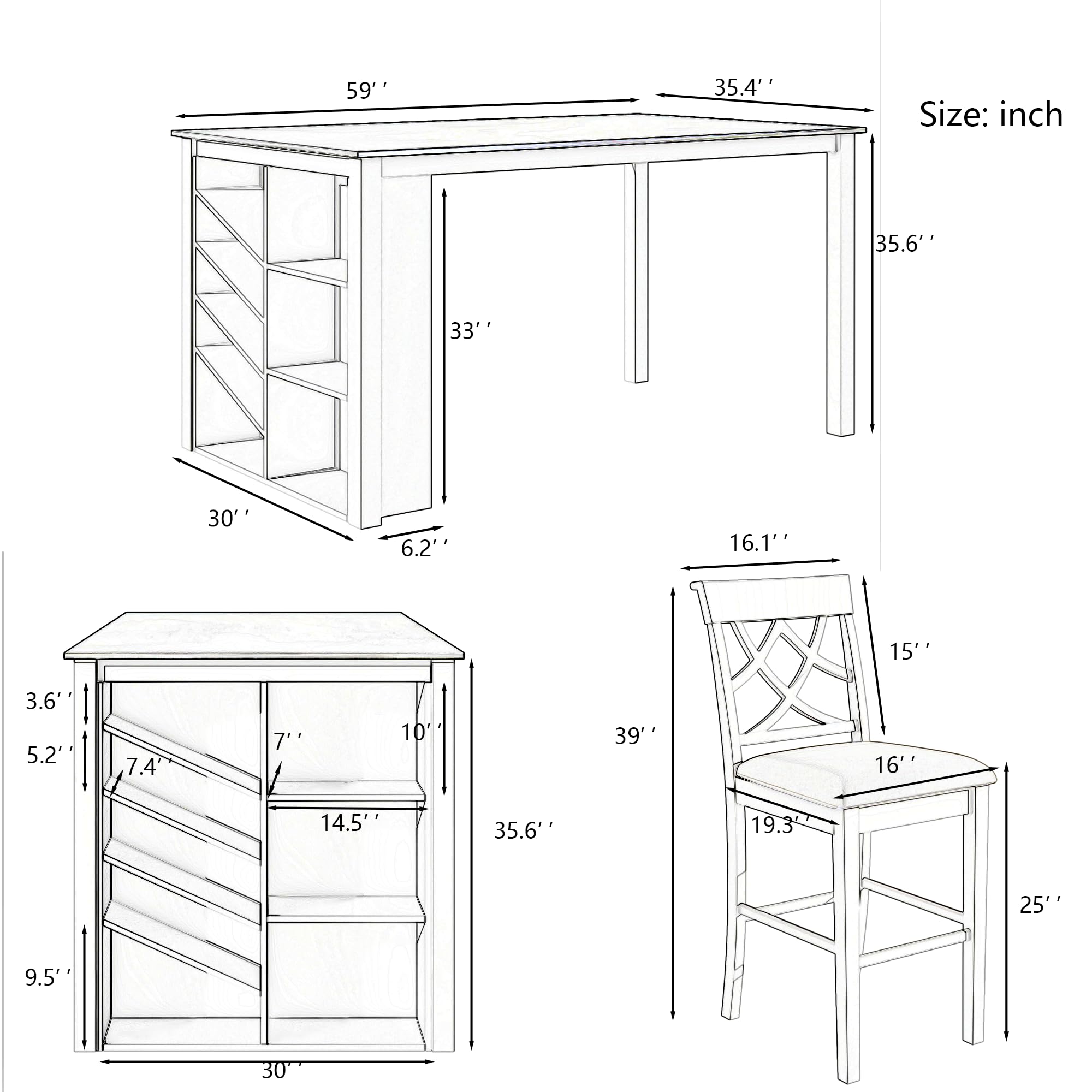 Lostcat 5-Piece Dining Table Set, 59" Solid Wood Counter Height Dining Table Set with Wine Rack, Storage Shelves and 4 Upholstered Chairs, Kitchen Table and Chairs for Dining Room, Bistro, White