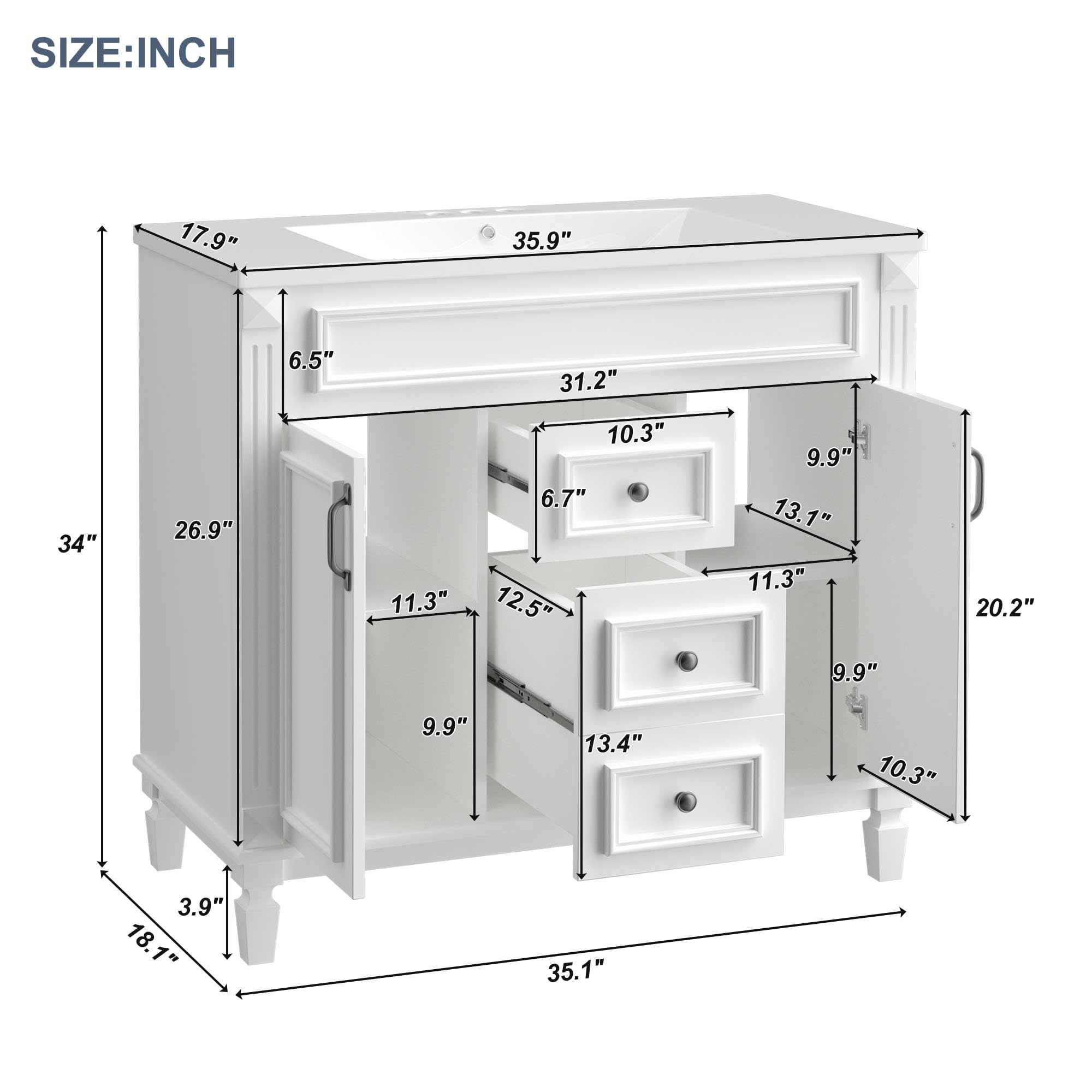 Lostcat 36inch Bathroom Vanity with Top Sink - Modern Bathroom Storage Cabinet with 2 Soft Closing Doors and 2 Drawers - Single Sink Bathroom Vanity(White)