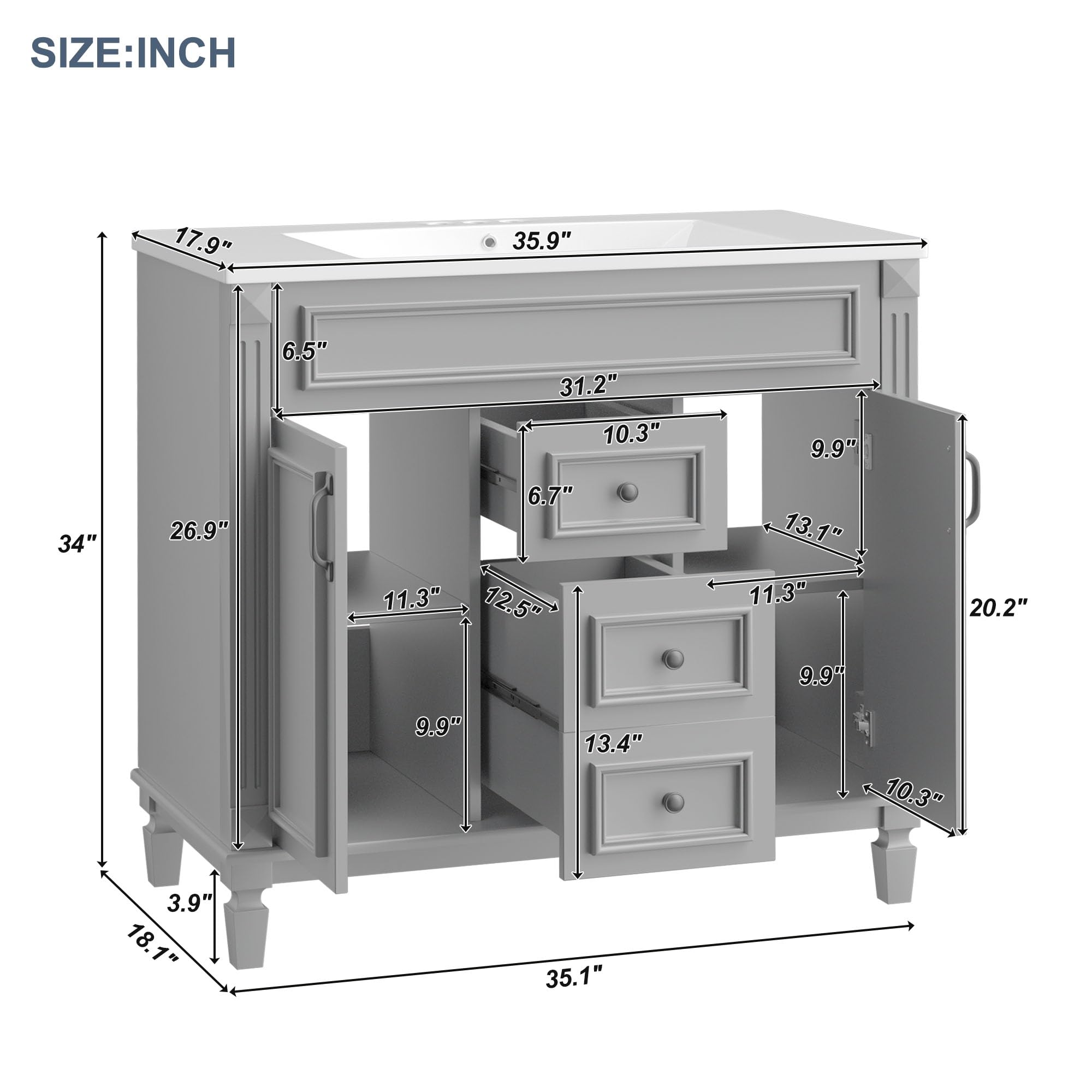 Lostcat 36inch Bathroom Vanity with Top Sink - Modern Bathroom Storage Cabinet with 2 Soft Closing Doors and 2 Drawers - Single Sink Bathroom Vanity(Grey)