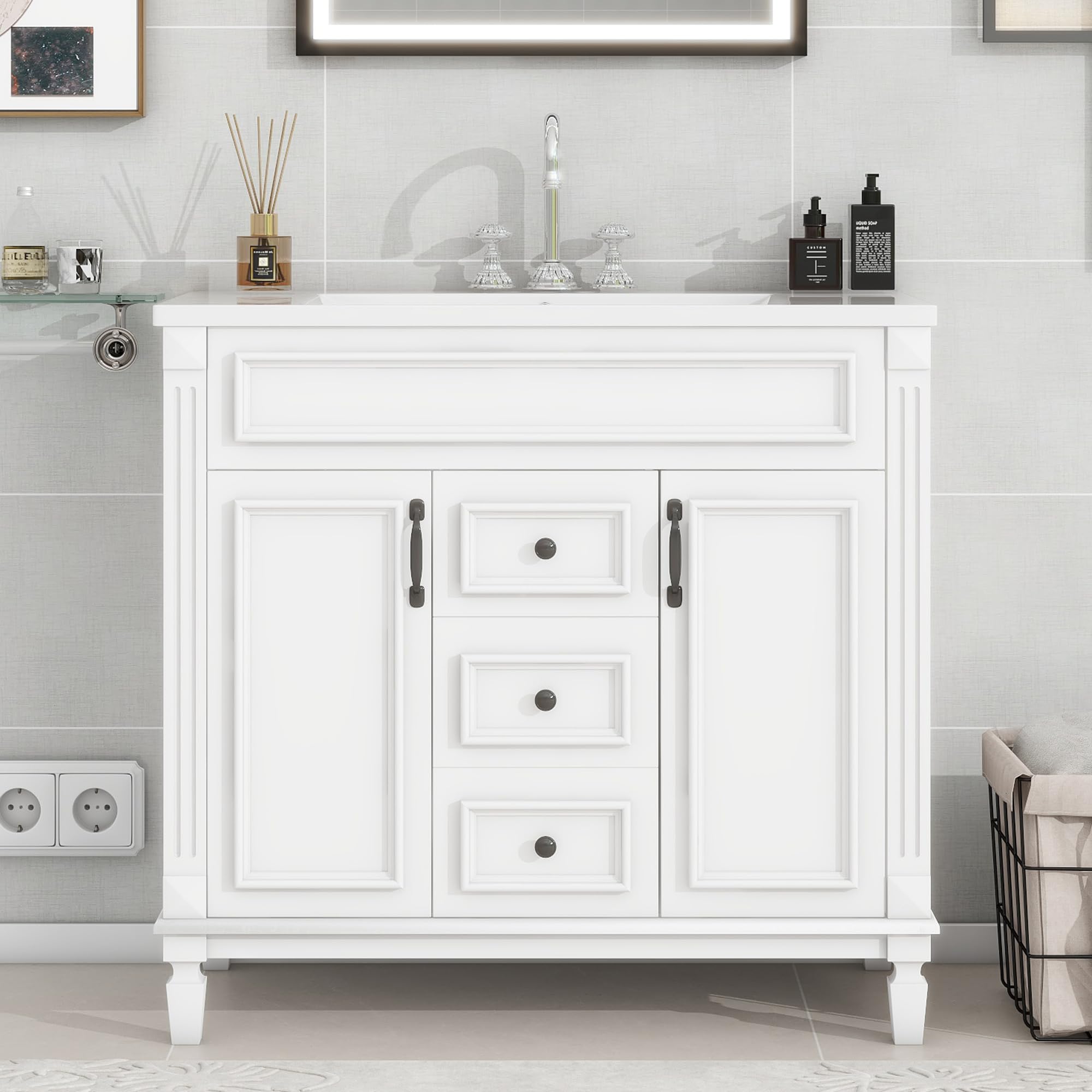 Lostcat 36inch Bathroom Vanity with Top Sink - Modern Bathroom Storage Cabinet with 2 Soft Closing Doors and 2 Drawers - Single Sink Bathroom Vanity(White)