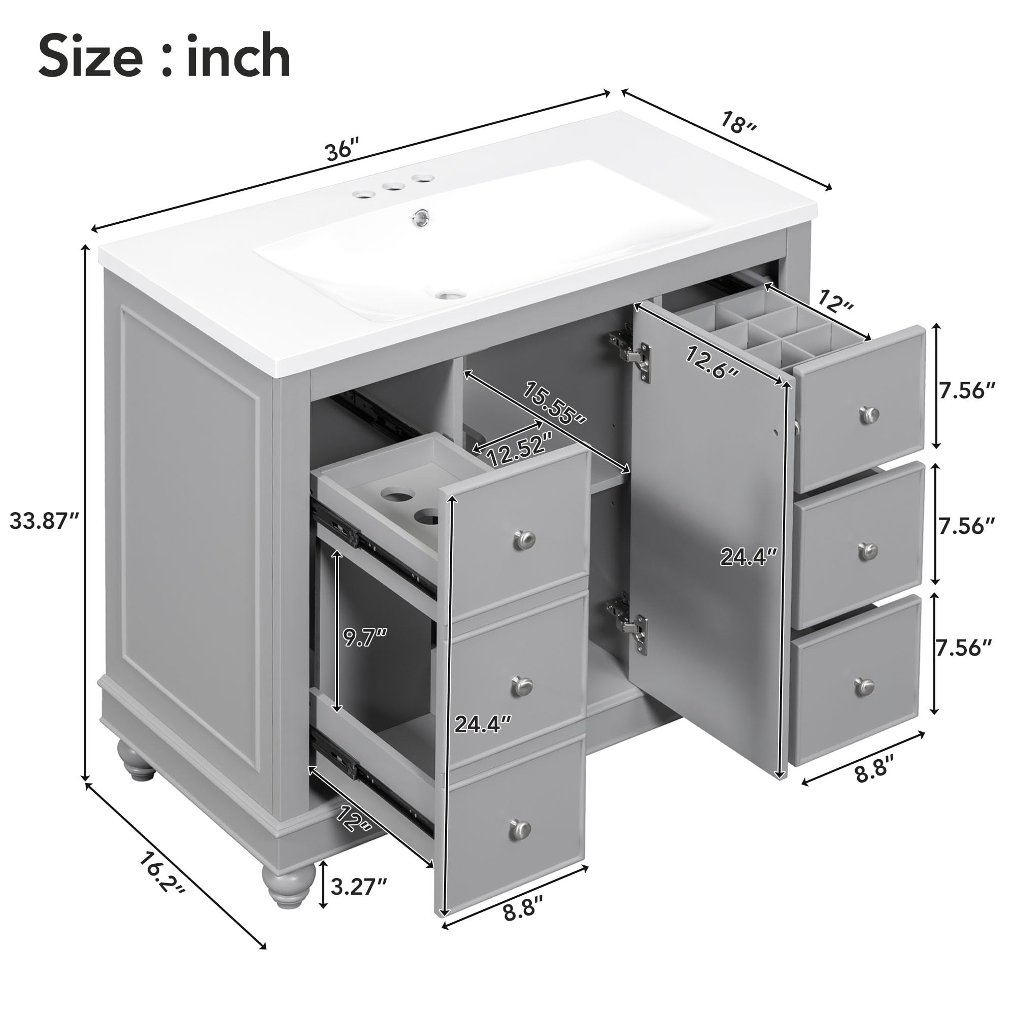 Lostcat 36inch Bathroom Vanity with Undermount Sink,Resin Basin,with Door and 4 Drawers,with Adjustable Shelves,Easy Assembly,Multipurpose Storage Bath Vanity(Grey)