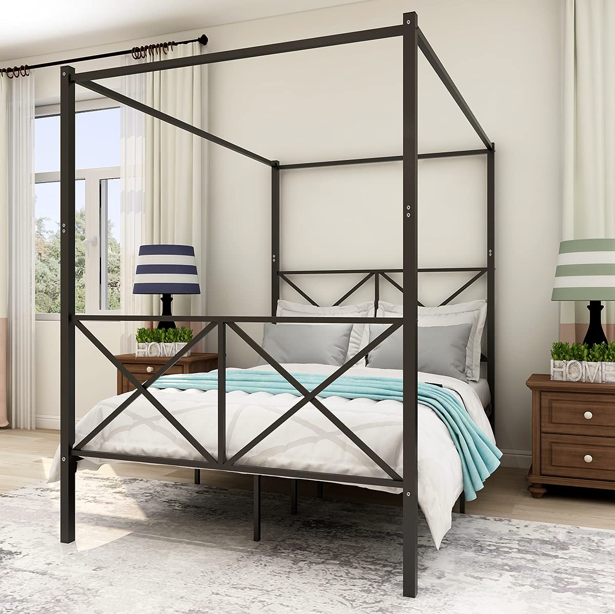 Lostcat Canopy Bed Frame Full Size, Metal Platform Bed Frame with X Shaped Headboard and Footboard,Detachable Canopy Bed, No Box Spring Needed/Easy Assembly, Black