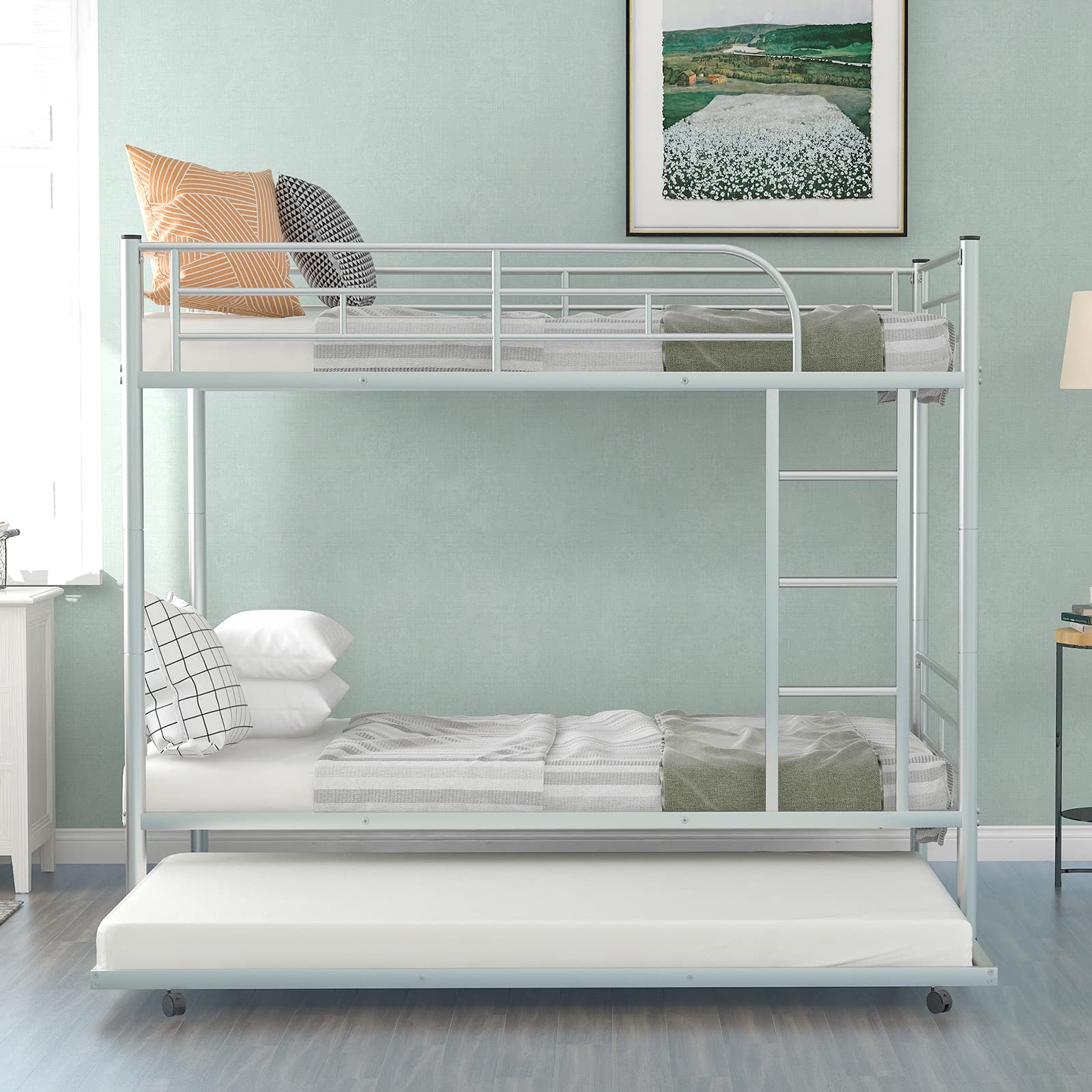 Lostcat Twin Over Twin Bunk Bed with Trundle,Heavy Duty Twin Size Bunk Beds Frame with Safety Guardrails and ladders,Can be Divided Into Two Beds,for Kids/Teen/Adults,No Box Spring Needed,Silver