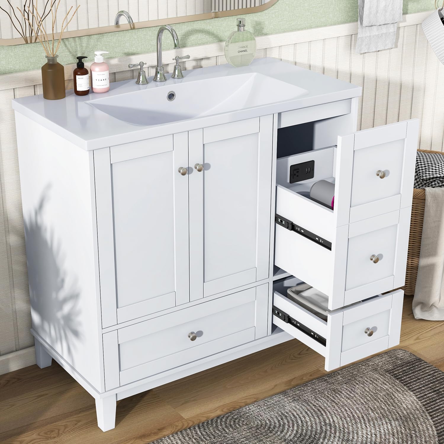 Lostcat 36inch Modern Bathroom Vanity with USB Charging,2 Doors and 3 Drawers Bathroom Storage Vanity Cabinet,Easy Assmebly,Small Bathroom Vanity Cabinet with Single Sink(White)