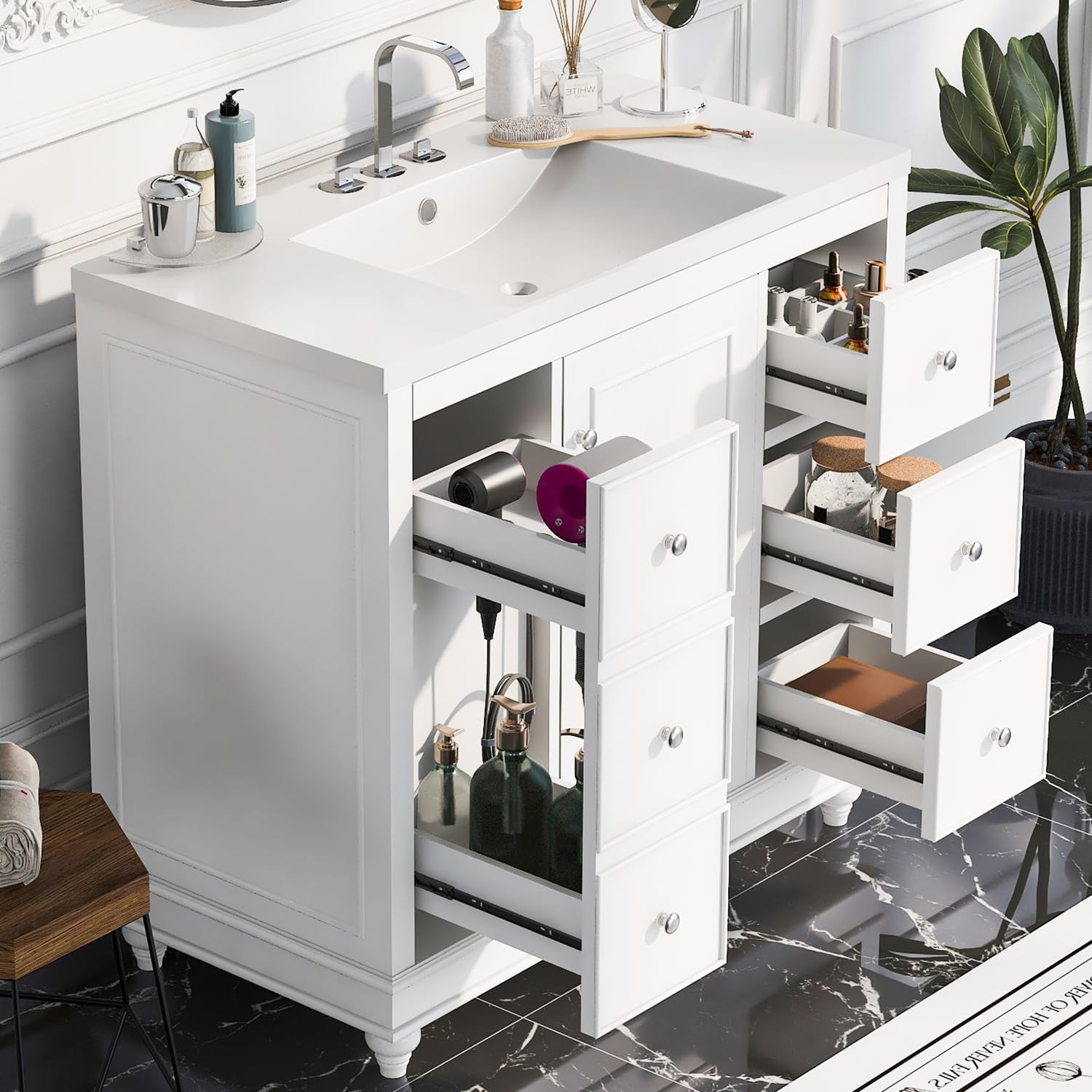 Lostcat 36inch Bathroom Vanity with Undermount Sink,Resin Basin,with Door and 4 Drawers,with Adjustable Shelves,Easy Assembly,Multipurpose Storage Bath Vanity(White)