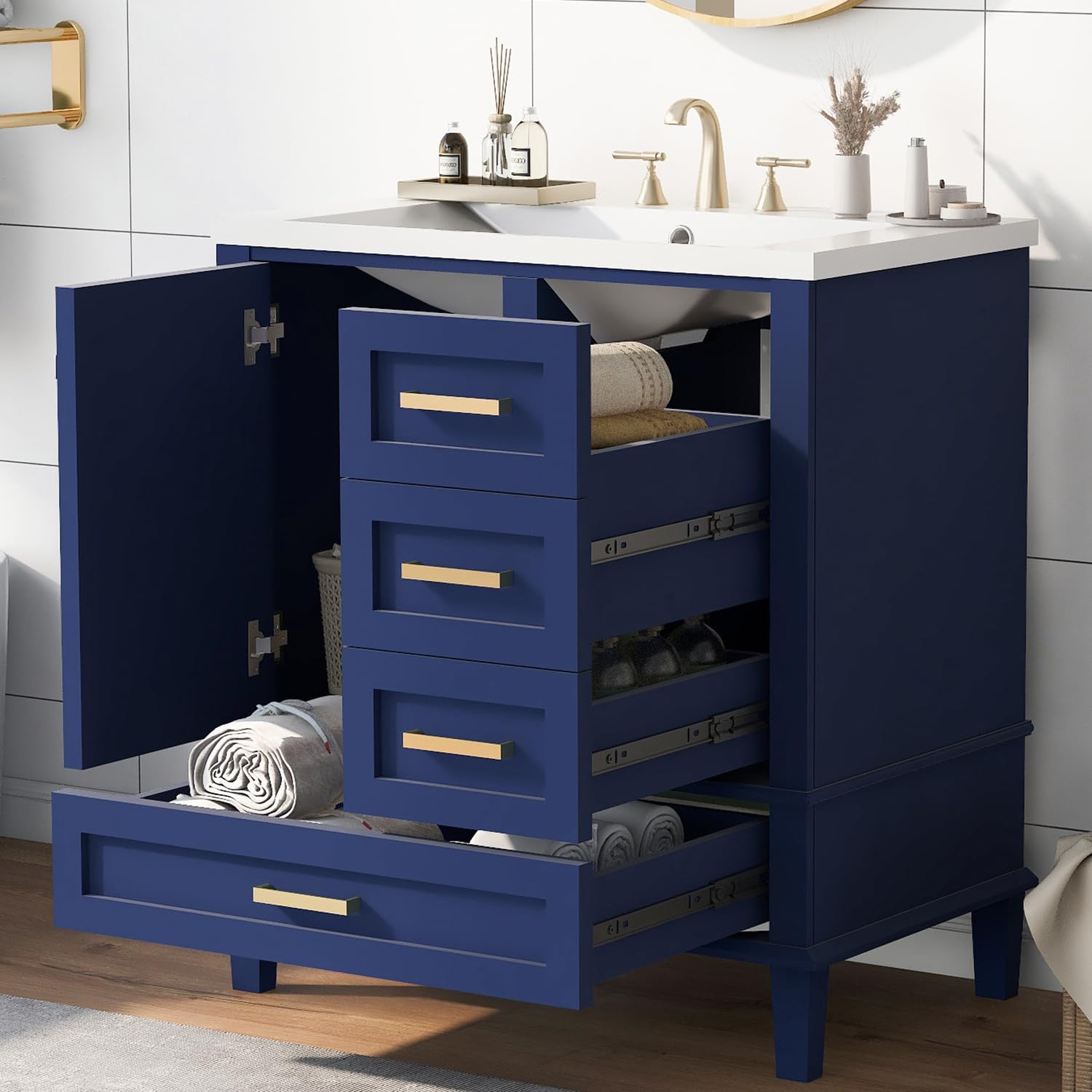 Lostcat 30inch Bathroom Vanity with Sink Combo Set,with 2 Drawers and a Tip-Out Drawer, Soft Closing Cabinet Door with Organizer,Solid Wood Frame,Easy Assembly(Blue)