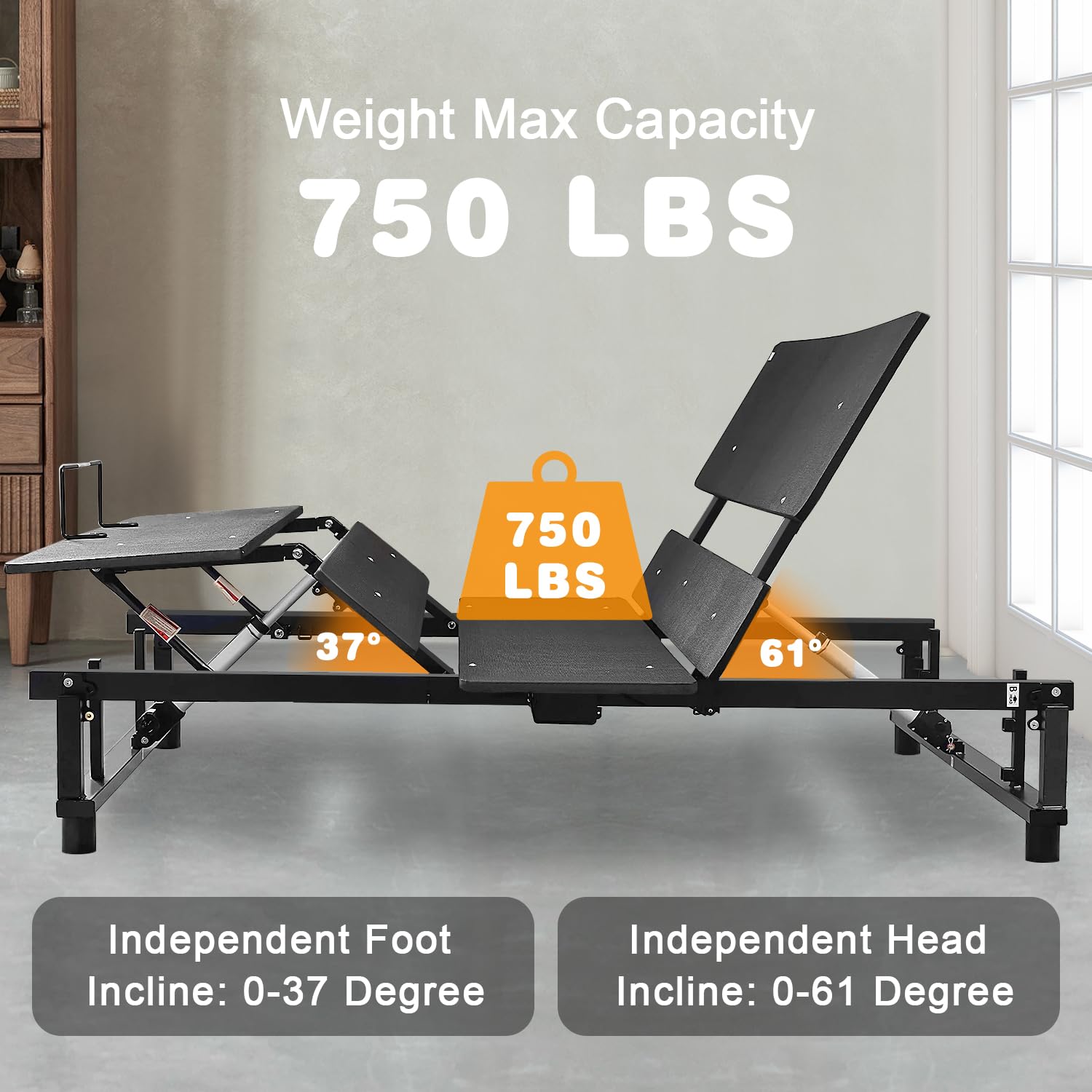 Lostcat Ergonomic Adjustable Bed Frame King Size, Zero Gravity Independent Head & Foot Incline, 750LB Weight Capacity Electric Bed Base with Wireless Remote, Easy Tool Free Assembly Bed Frame, Black