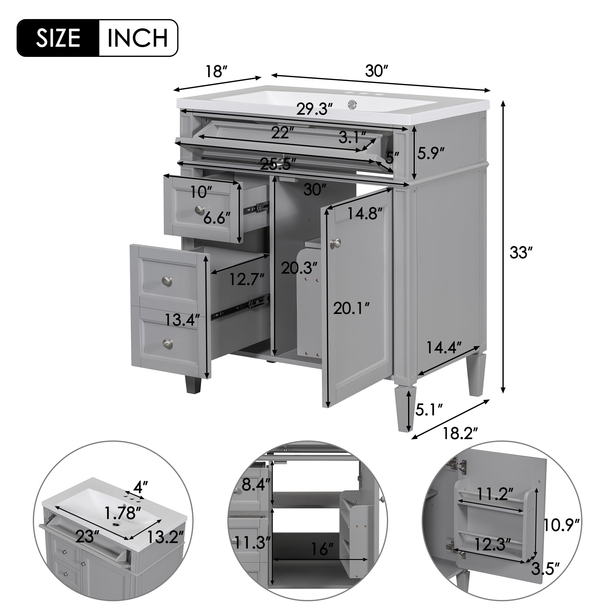 Lostcat 30inch Bathroom Vanity with Top Sink,Single Sink Bathroom Vanity with 2 Drawers and a Tip-Out Drawer,for Bathrooms with Small Spaces(Grey)