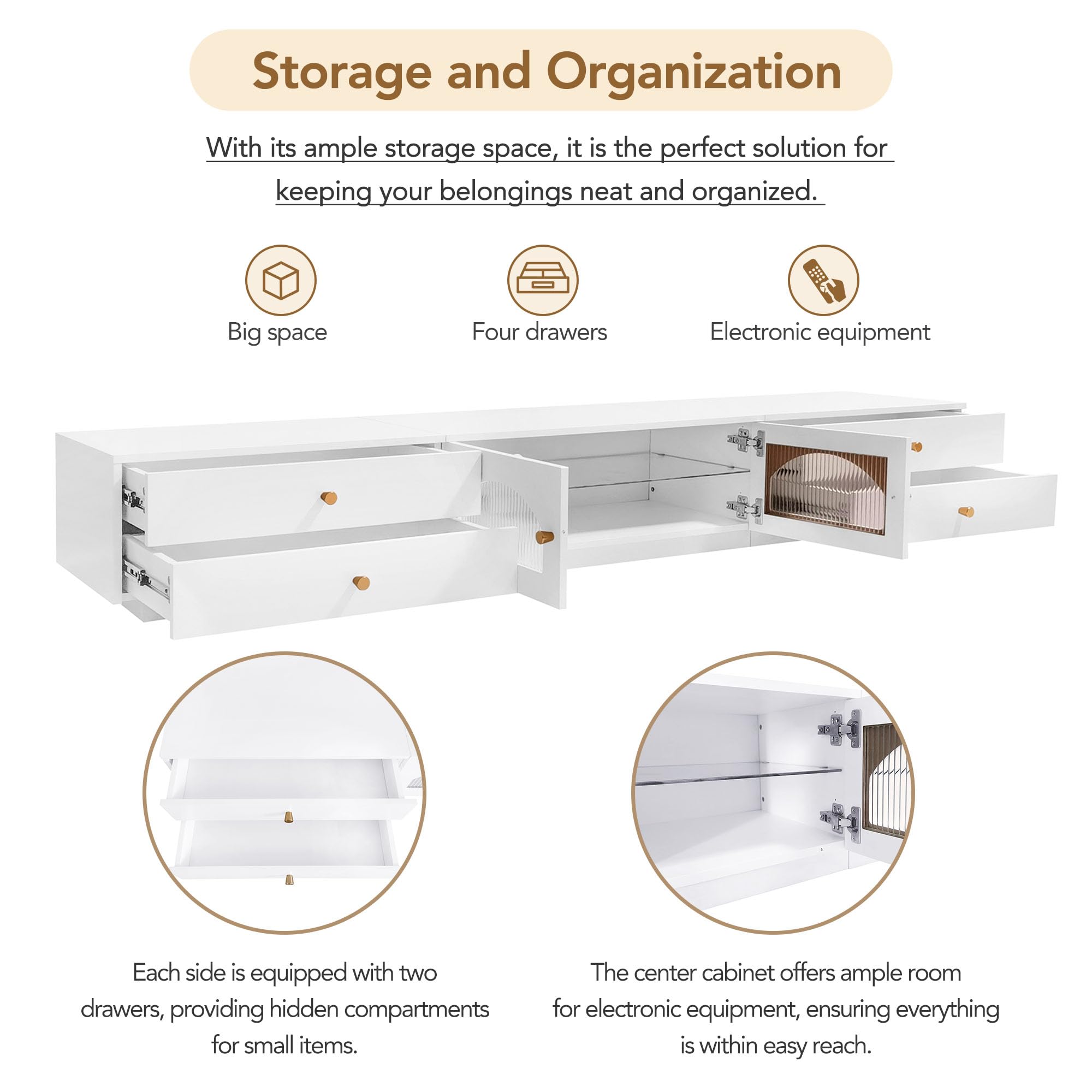 Lostcat TV Stand with Drawers, 86 Inch Entertainment Center with Fluted Glass Doors for TVs Up to 90'', TV Console with Ample Storage Space for Living Room, White