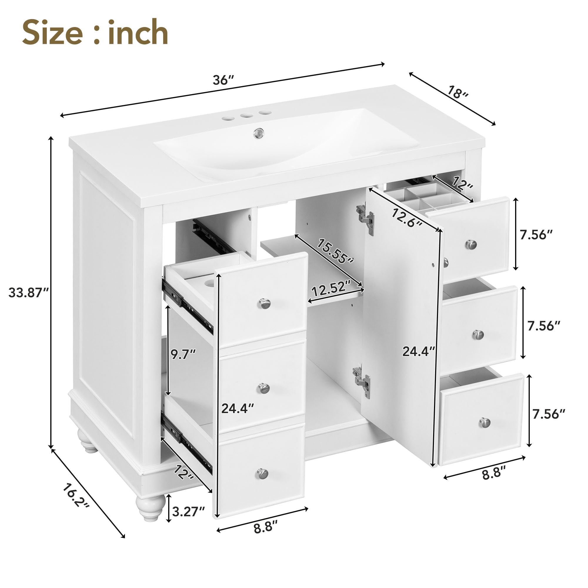 Lostcat 36inch Bathroom Vanity with Undermount Sink,Resin Basin,with Door and 4 Drawers,with Adjustable Shelves,Easy Assembly,Multipurpose Storage Bath Vanity(White)