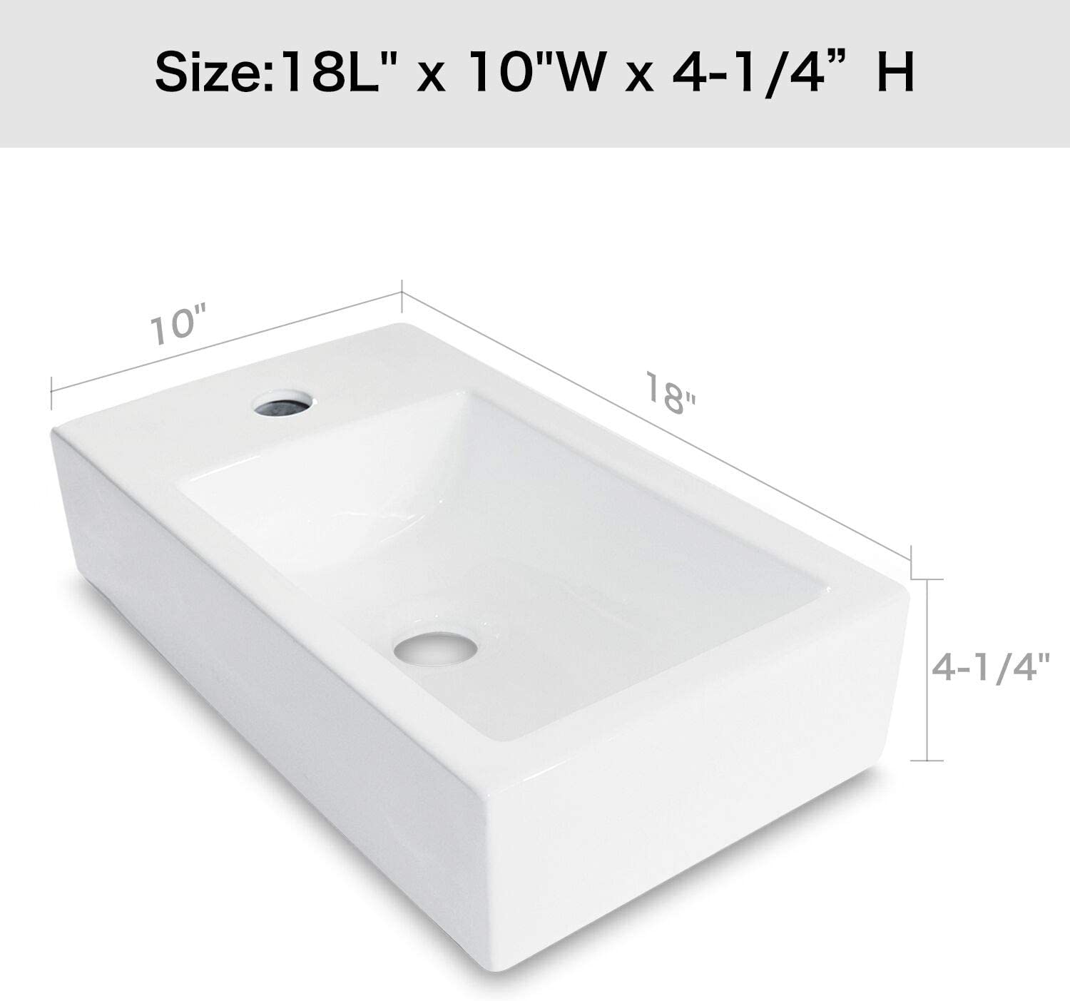 Lostcat 18x10 Inch White Ceramic Rectangle Wall Mount Bathroom Sink with Single Faucet Hole