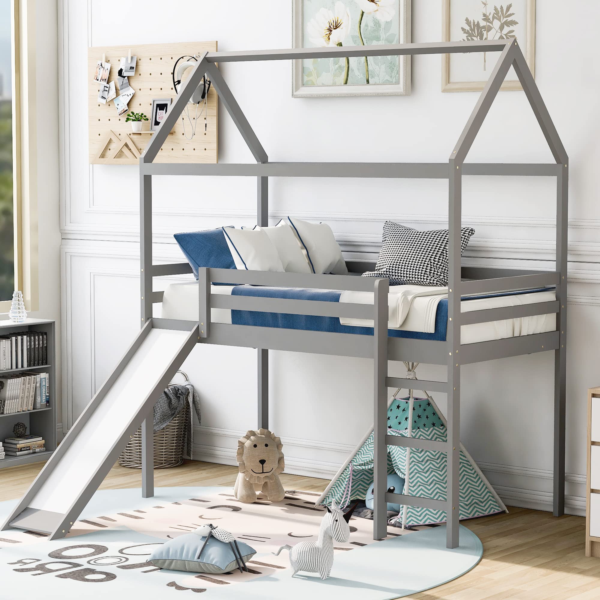 Lostcat Twin Size Loft Bed with Slide, House Shaped Solid Pine Wood Bed Frame w/Safety Guardrail & Ladder, No Box Spring Needed, Save Space Design for Kids, Teens, Girls, Boys, Grey