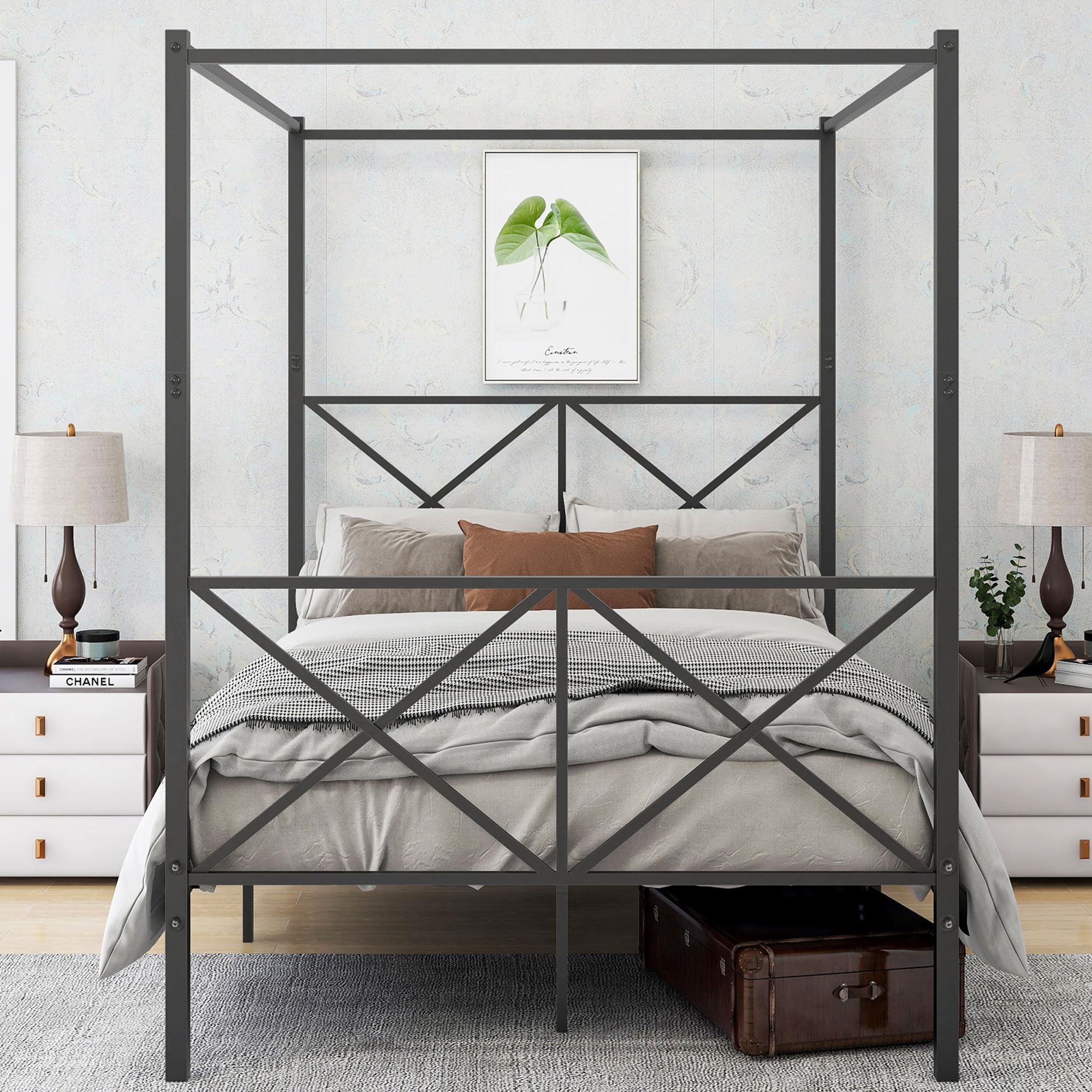 Lostcat Canopy Bed Frame Full Size, Metal Platform Bed Frame with X Shaped Headboard and Footboard,Detachable Canopy Bed, No Box Spring Needed/Easy Assembly, Black