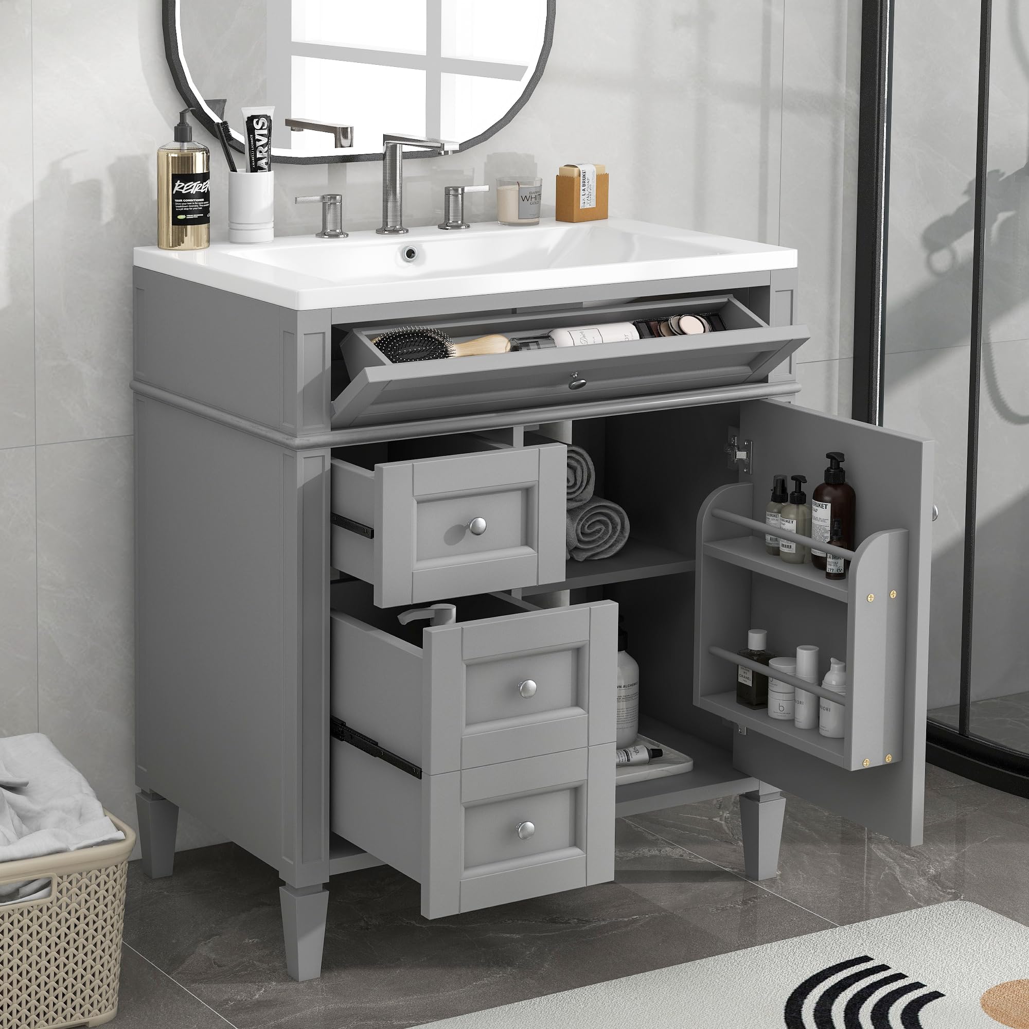 Lostcat 30inch Bathroom Vanity with Top Sink,Single Sink Bathroom Vanity with 2 Drawers and a Tip-Out Drawer,for Bathrooms with Small Spaces(Grey)