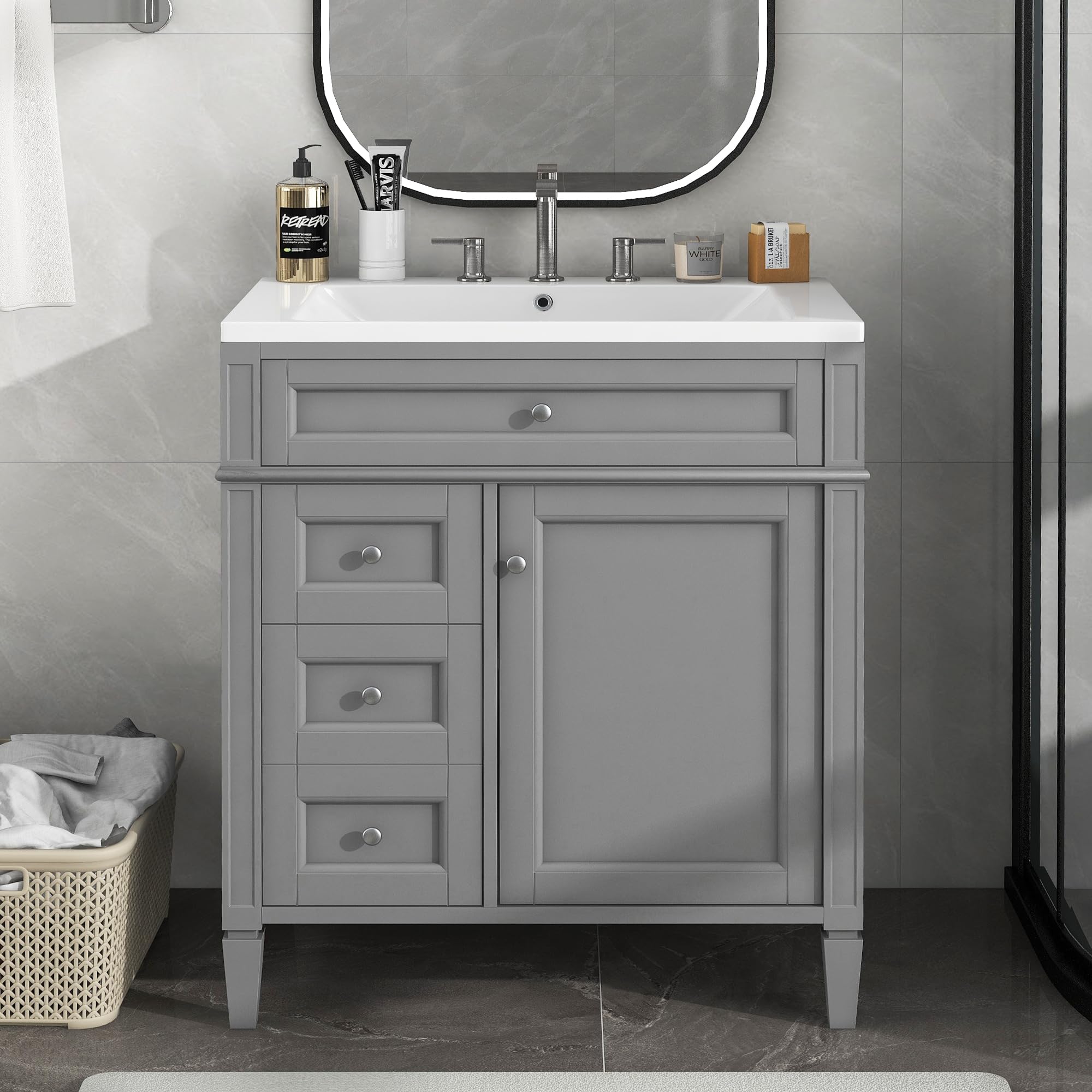 Lostcat 30inch Bathroom Vanity with Top Sink,Single Sink Bathroom Vanity with 2 Drawers and a Tip-Out Drawer,for Bathrooms with Small Spaces(Grey)