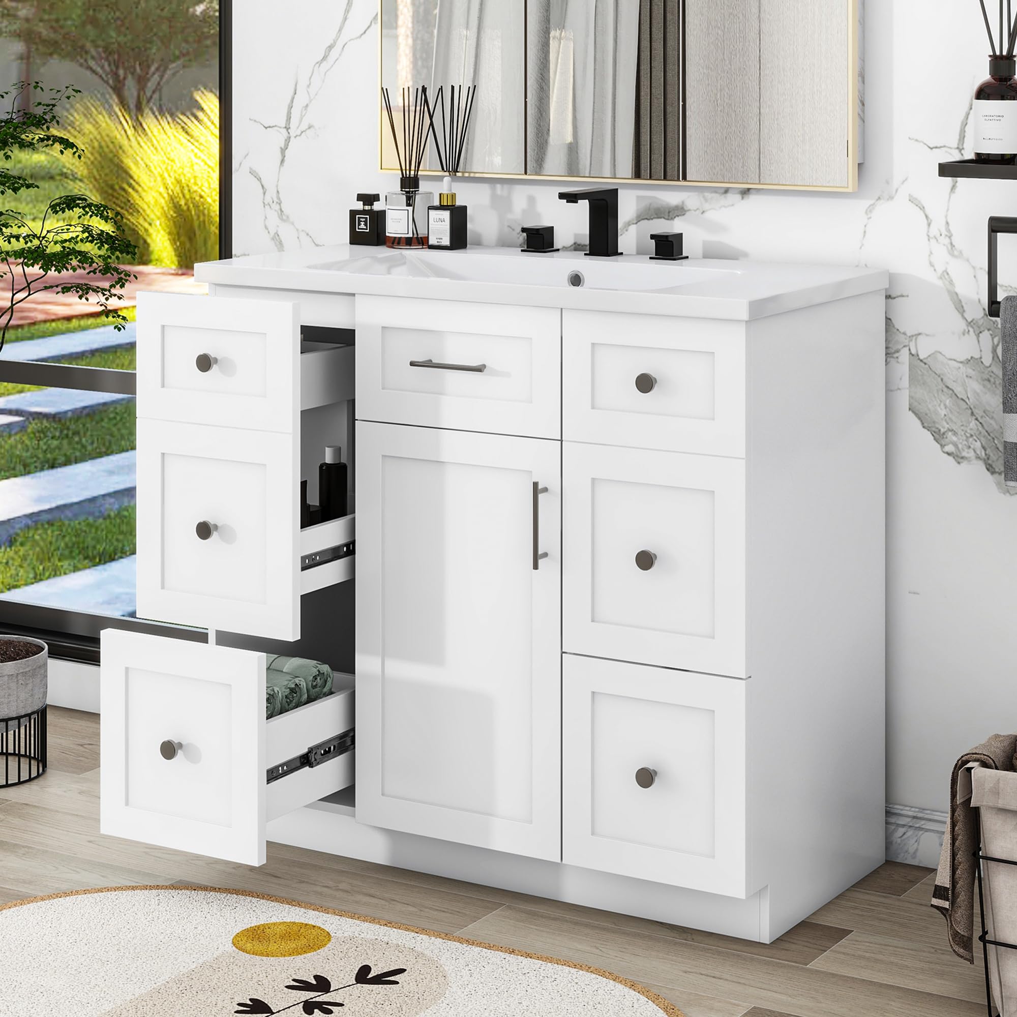 Lostcat 36inch Modern Bathroom Vanity with Sink,Freestanding Bathroom Vanity Cabinet,with 4 Drawers, 1 Soft-Close Door,with Resin Integrated Basin,Easy Assmebly(White)