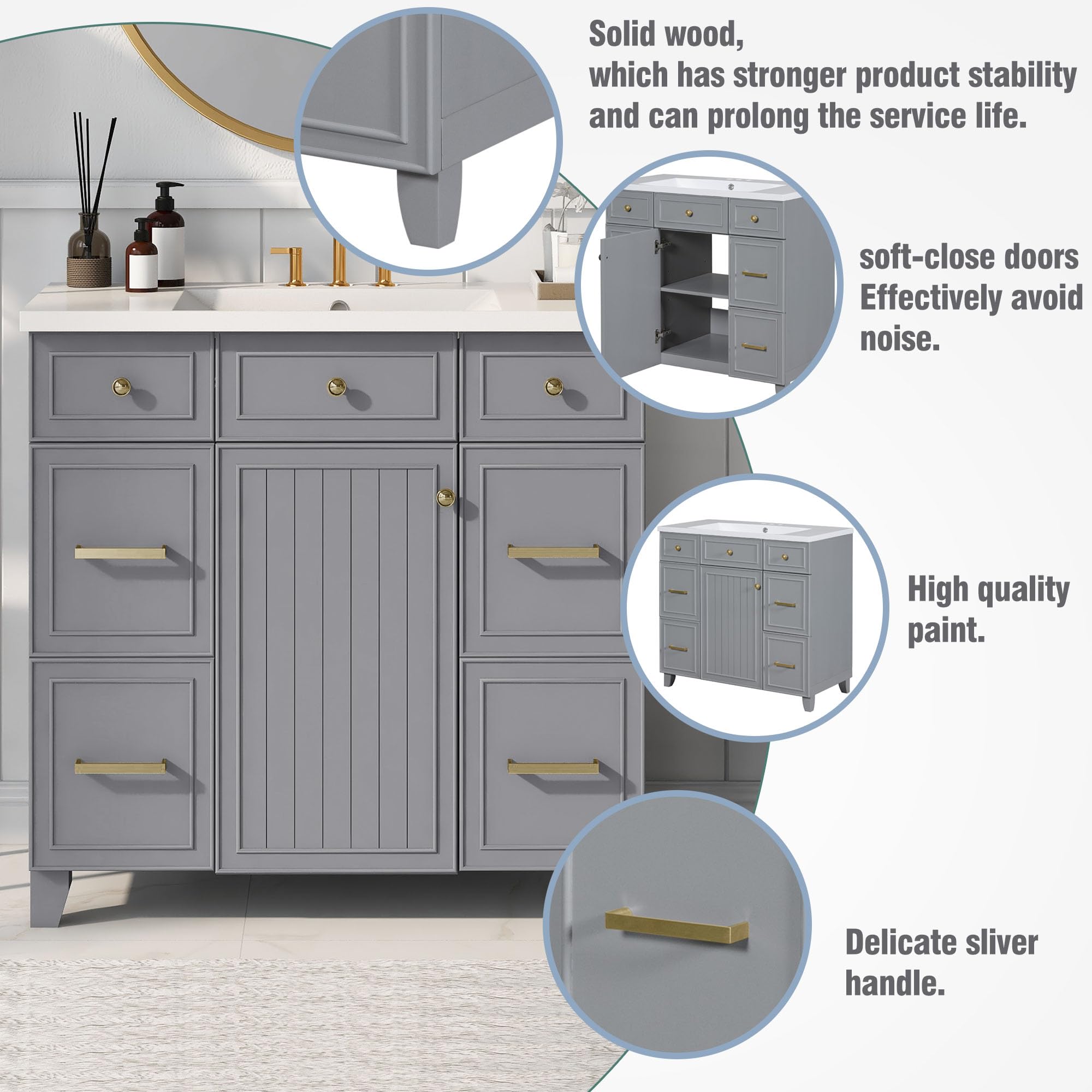 Lostcat 36-Inch Bathroom Vanity Cabinet with Sink - Small Bathroom Vanity with Soft Closing Door and Drawer - Easy Assembly-Bathroom Sink Cabinet with Ample Storage Space(Gray)