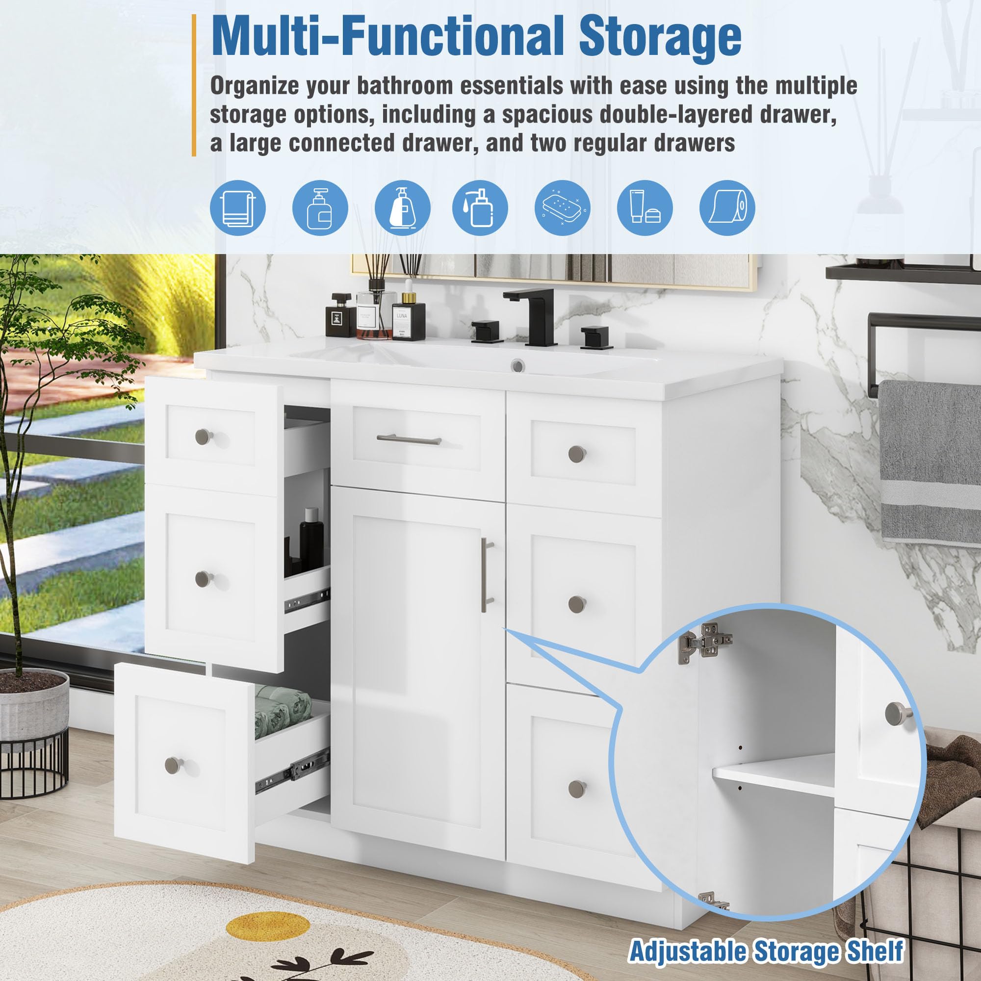 Lostcat 36inch Modern Bathroom Vanity with Sink,Freestanding Bathroom Vanity Cabinet,with 4 Drawers, 1 Soft-Close Door,with Resin Integrated Basin,Easy Assmebly(White)