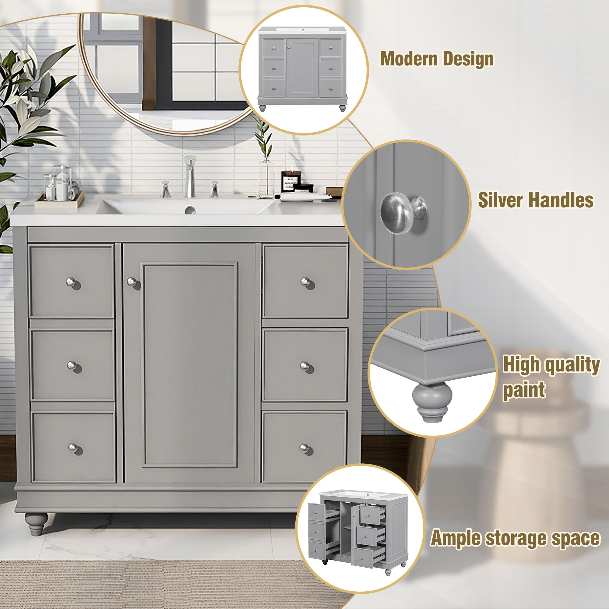 Lostcat 36inch Bathroom Vanity with Undermount Sink,Resin Basin,with Door and 4 Drawers,with Adjustable Shelves,Easy Assembly,Multipurpose Storage Bath Vanity(Grey)