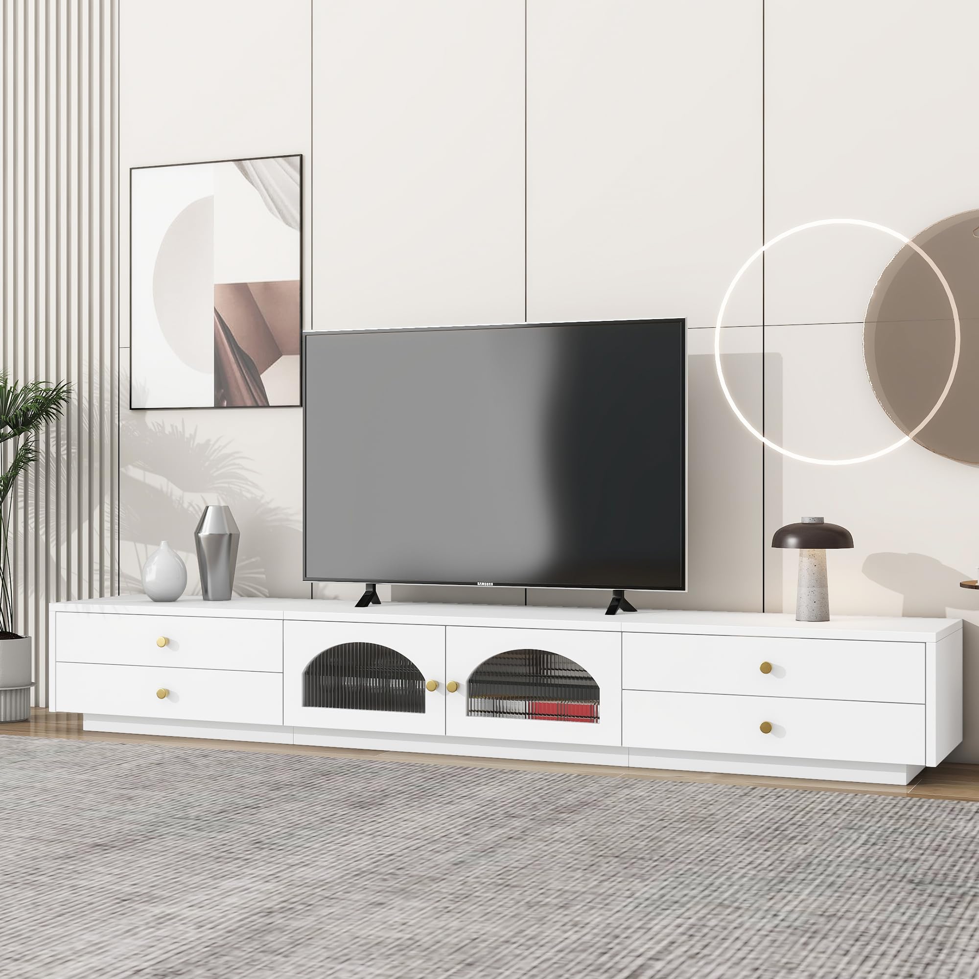 Lostcat TV Stand with Drawers, 86 Inch Entertainment Center with Fluted Glass Doors for TVs Up to 90'', TV Console with Ample Storage Space for Living Room, White