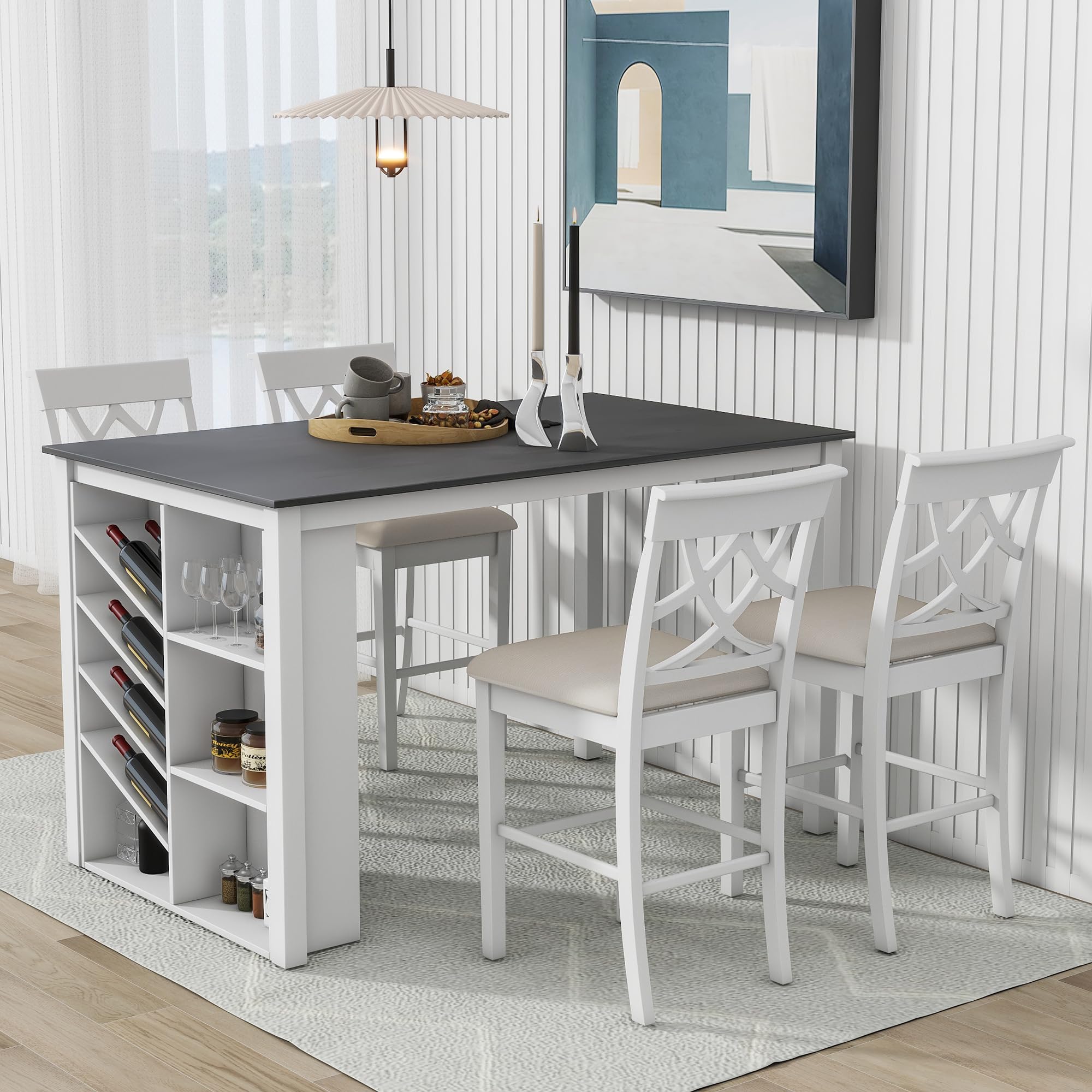 Lostcat 5-Piece Dining Table Set, 59" Solid Wood Counter Height Dining Table Set with Wine Rack, Storage Shelves and 4 Upholstered Chairs, Kitchen Table and Chairs for Dining Room, Bistro, White