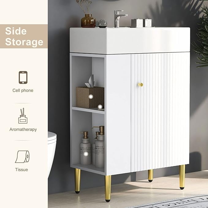 Lostcat 21.6inch White Bathroom Vanity,Bathroom Storage Cabinet with Ceramic Sink,Combo Cabinet,Easy Assembly,Open Storage on The Left,for Small Spaces