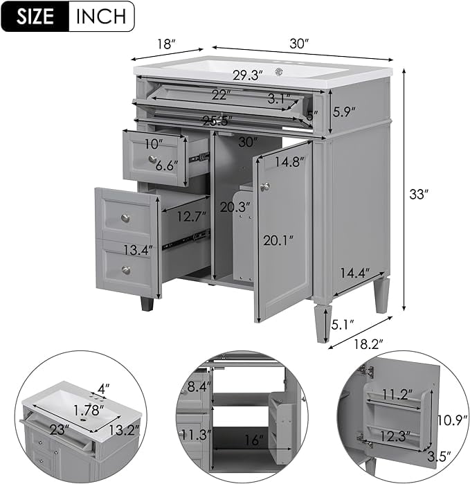 Lostcat 30inch Bathroom Vanity with Top Sink,Single Sink Bathroom Vanity with 2 Drawers and a Tip-Out Drawer,for Bathrooms with Small Spaces(Grey)