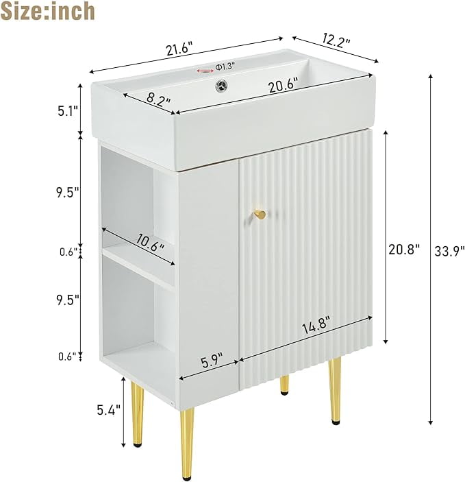 Lostcat 21.6inch White Bathroom Vanity,Bathroom Storage Cabinet with Ceramic Sink,Combo Cabinet,Easy Assembly,Open Storage on The Left,for Small Spaces