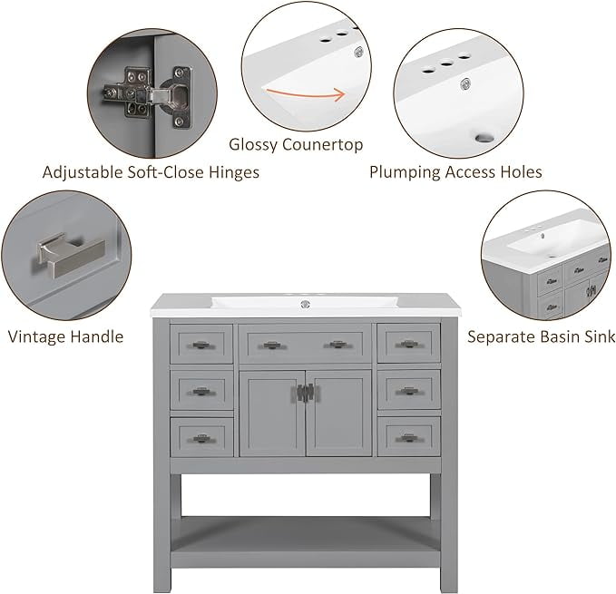 Lostcat 36inch Bathroom Vanity with Top Sink,Single Sink Bathroom Vanity with 2 Soft Closing Doors and 6 Drawers,Easy Assembly,for Small Space Bathrooms(Grey)