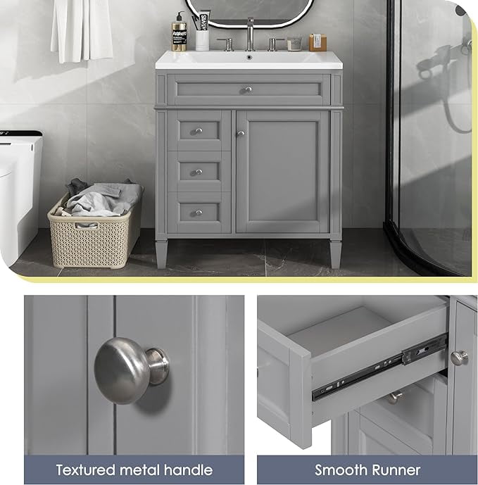 Lostcat 30inch Bathroom Vanity with Top Sink,Single Sink Bathroom Vanity with 2 Drawers and a Tip-Out Drawer,for Bathrooms with Small Spaces(Grey)