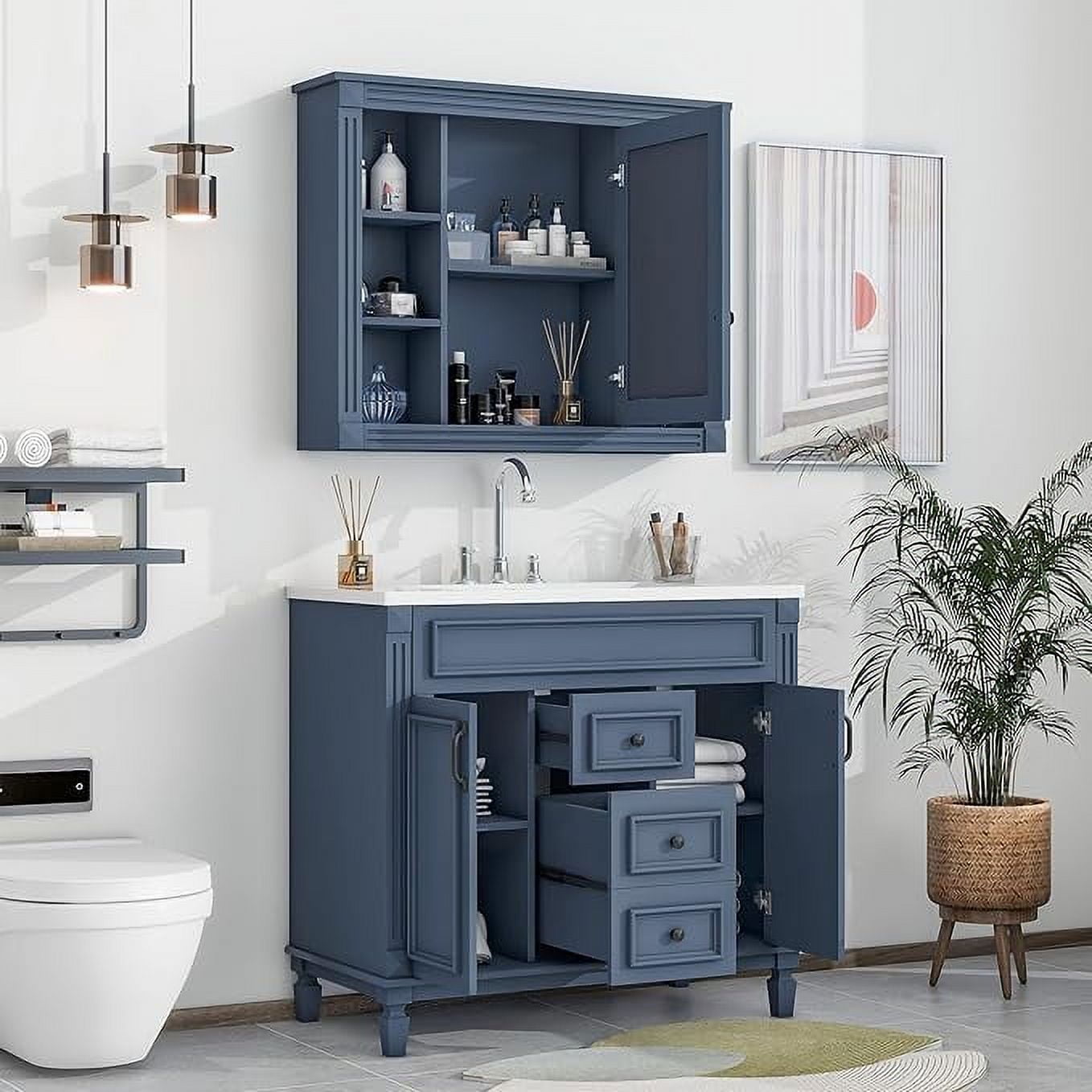 Lostcat 36inch Bathroom Vanity with Top Sink - Modern Bathroom Storage Cabinet with 2 Soft Closing Doors and 2 Drawers - Single Sink Bathroom Vanity - Bathroom Furniture Set with Mirror Cabinet (Blue)