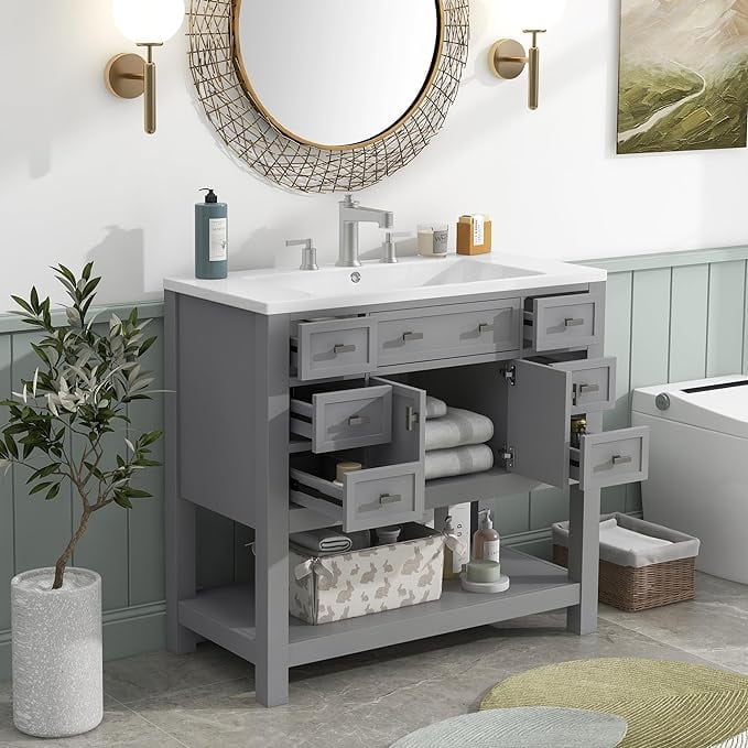 Lostcat 36inch Bathroom Vanity with Top Sink,Single Sink Bathroom Vanity with 2 Soft Closing Doors and 6 Drawers,Easy Assembly,for Small Space Bathrooms(Grey)