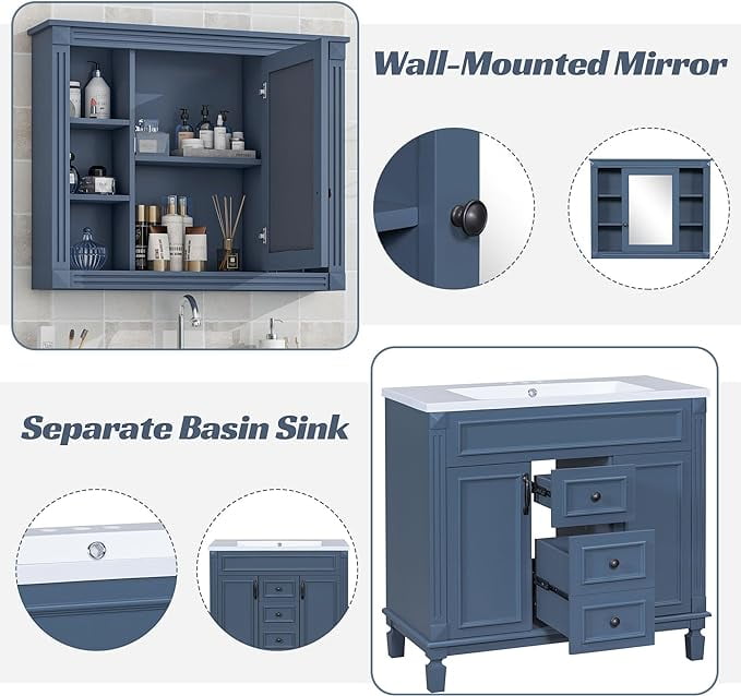 Lostcat 36inch Bathroom Vanity with Top Sink - Modern Bathroom Storage Cabinet with 2 Soft Closing Doors and 2 Drawers - Single Sink Bathroom Vanity - Bathroom Furniture Set with Mirror Cabinet (Blue)