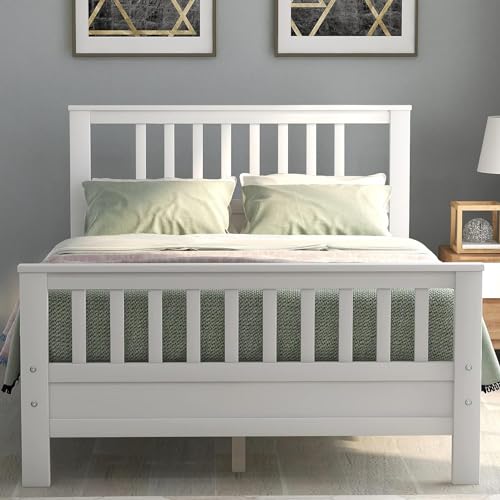 Full Size Bed Frame with Headboard and Footboard, Wood Platform Bed for Kids, Girls/Boys, Full Size Bed Frame Mattress Foundation with Wood Slat Support, No Box Spring Needed/Easy Assembly, White - Lostcat