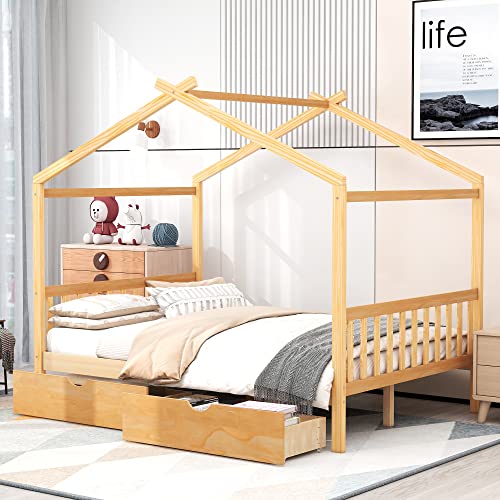 Full Size Daybed with Storage Drawers, Solid Wooden Bed Frame with Fence, Daybed with 2 Drawers with Wood Slat Support, No Box Spring Needed, Easy to Assemble, for Bedroom Living Room, Natural - Lostcat